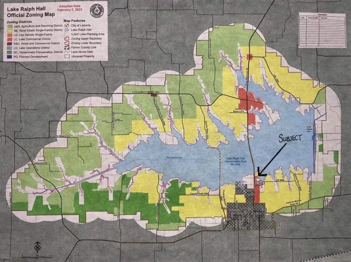 Official Zoning Map. Illustrating the zoning districts and features of the Lake Ralph Hall area, with the subject property indicated