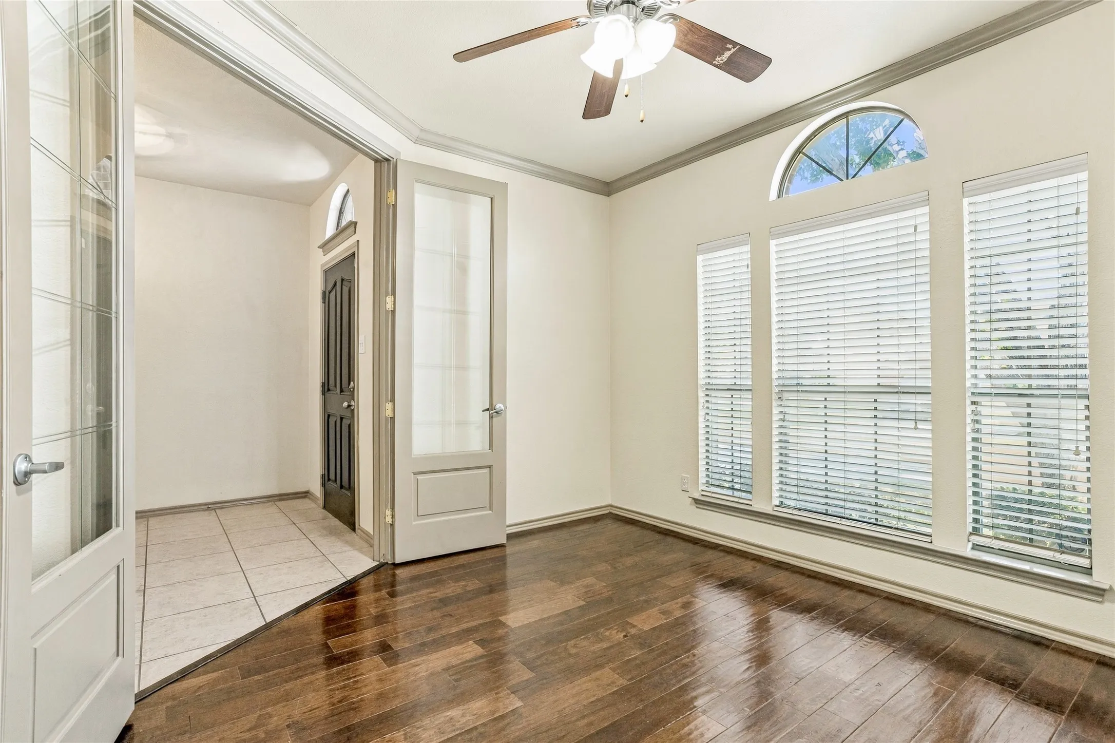 Beautiful wood flooring makes this an elegant space to dine.
