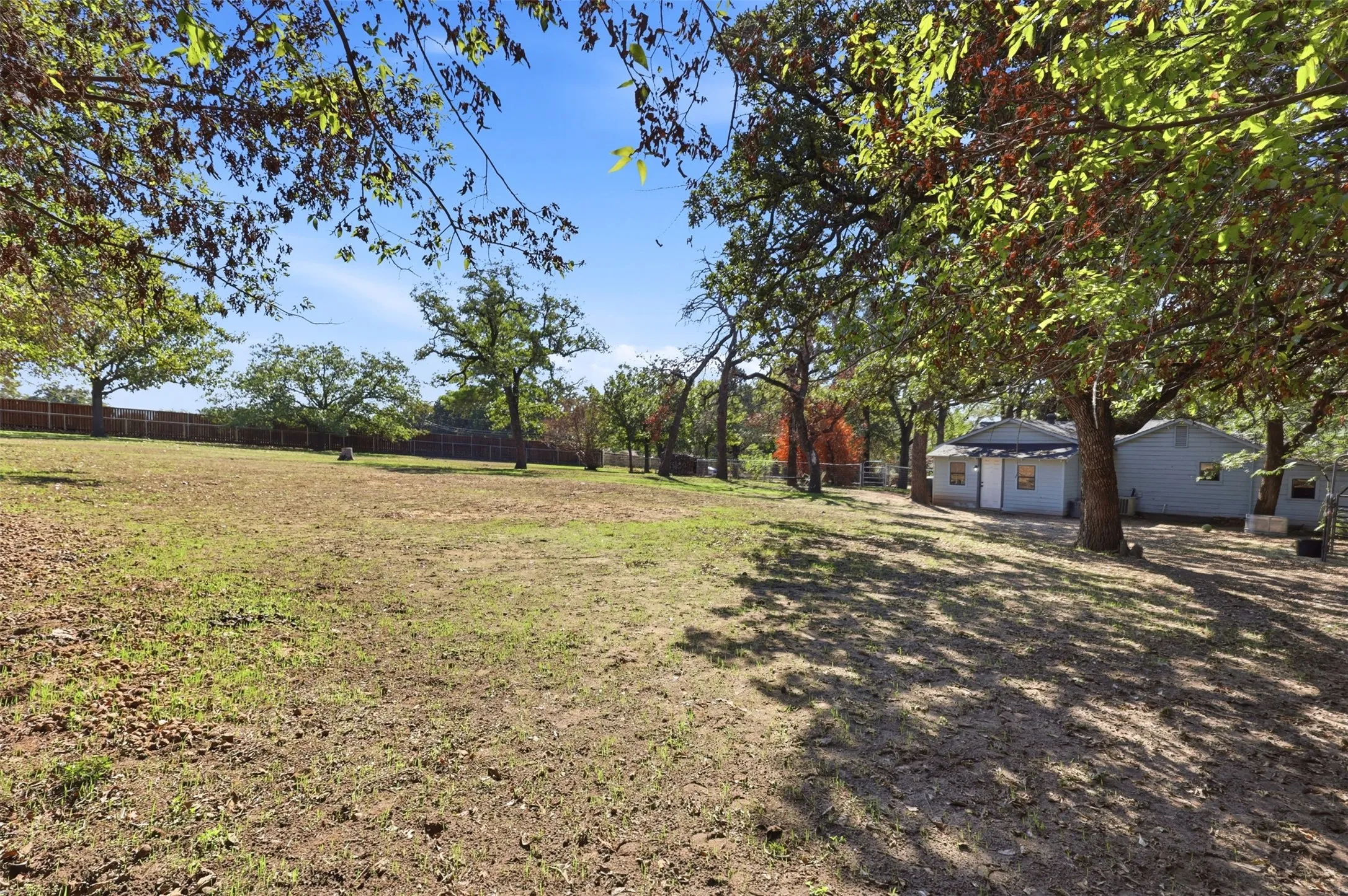 Expansive backyard with a level lawn, mature trees, and privacy fencing