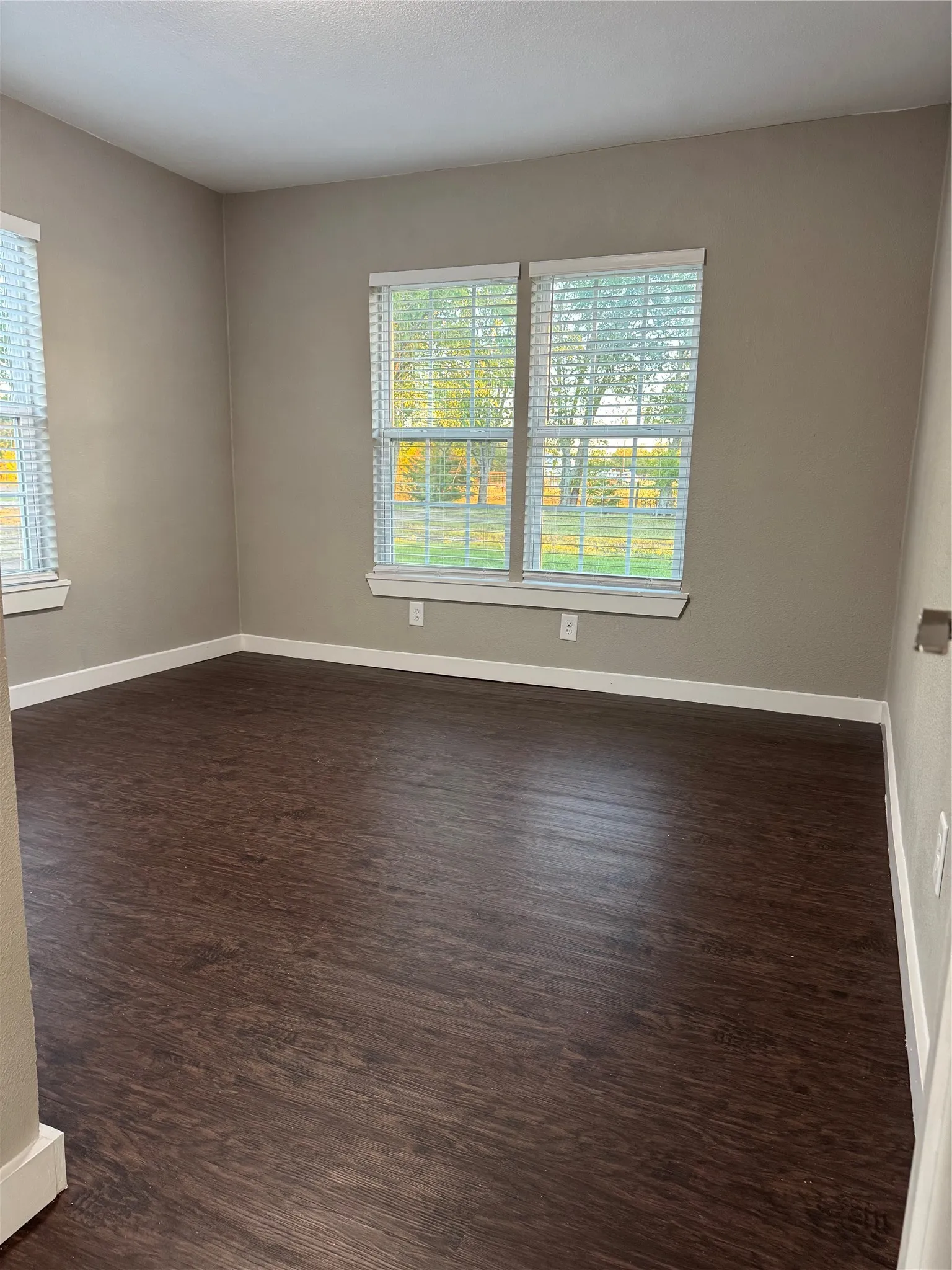 Rich wood-finish flooring, neutral wall tones, and white trim