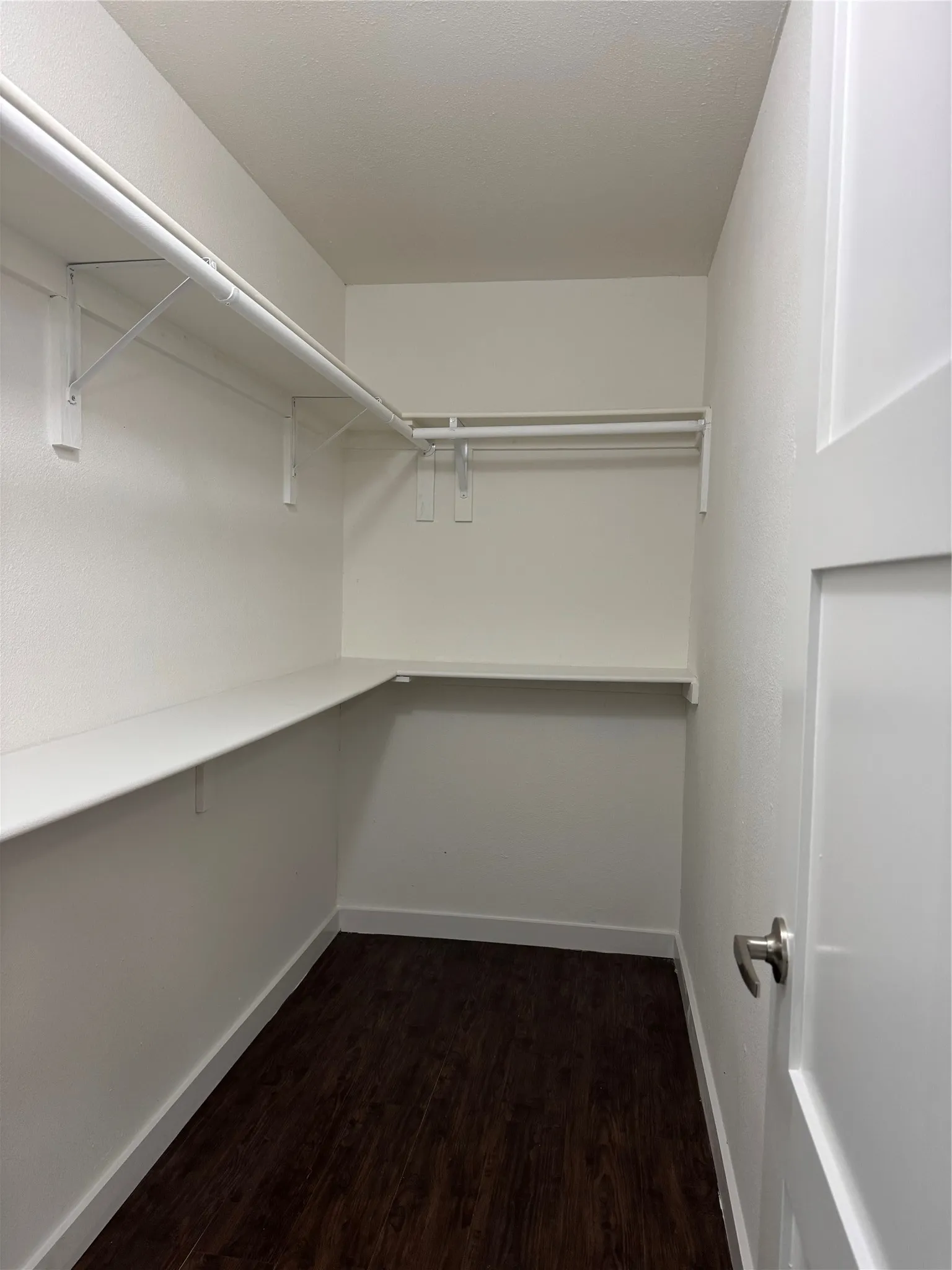 Walk-in closet featuring wood-finish flooring, white walls, built-in shelving, and metal hanging rods
