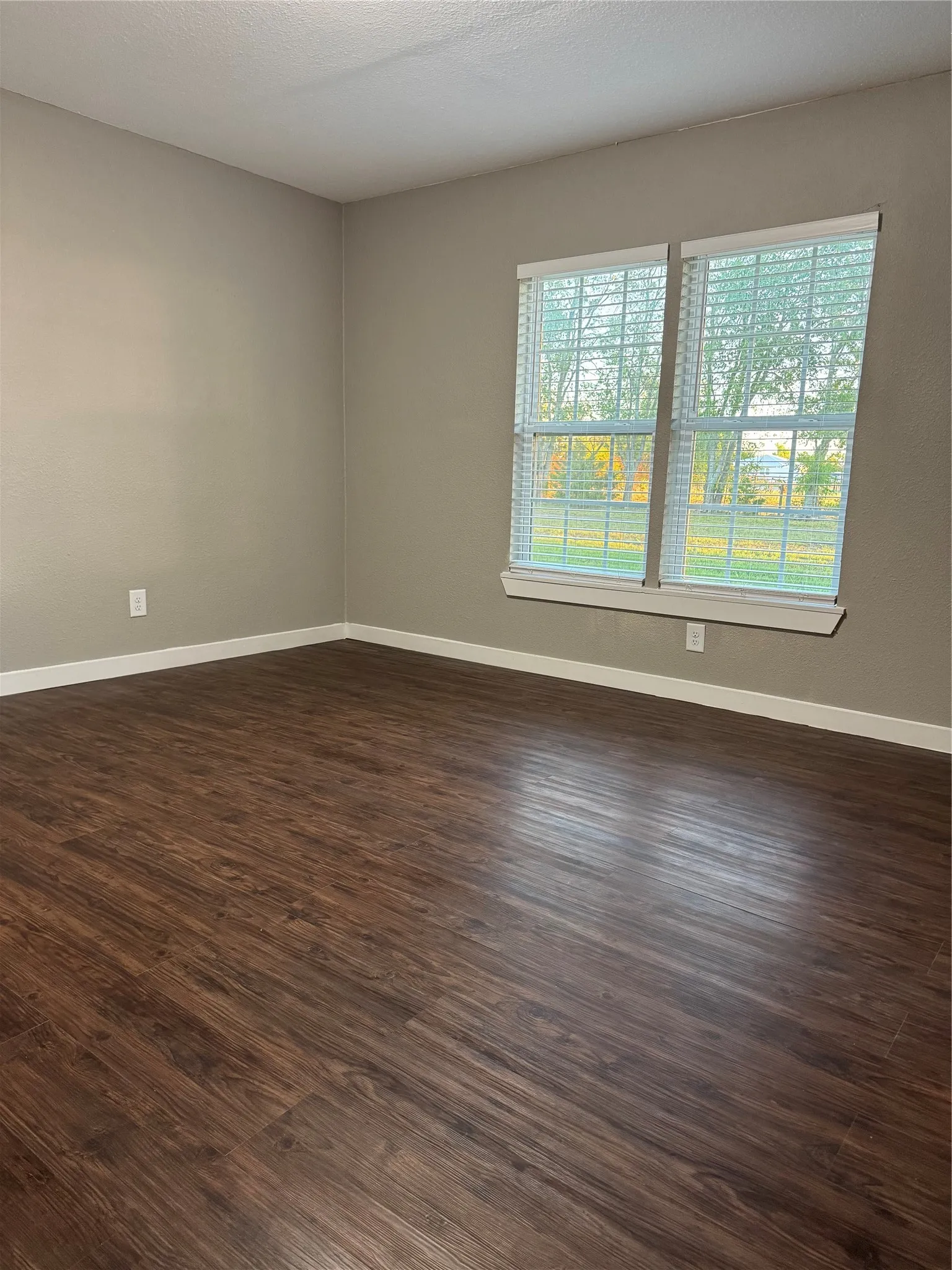 Wood-finish flooring with white baseboards, light neutral wall paint, and white window blinds