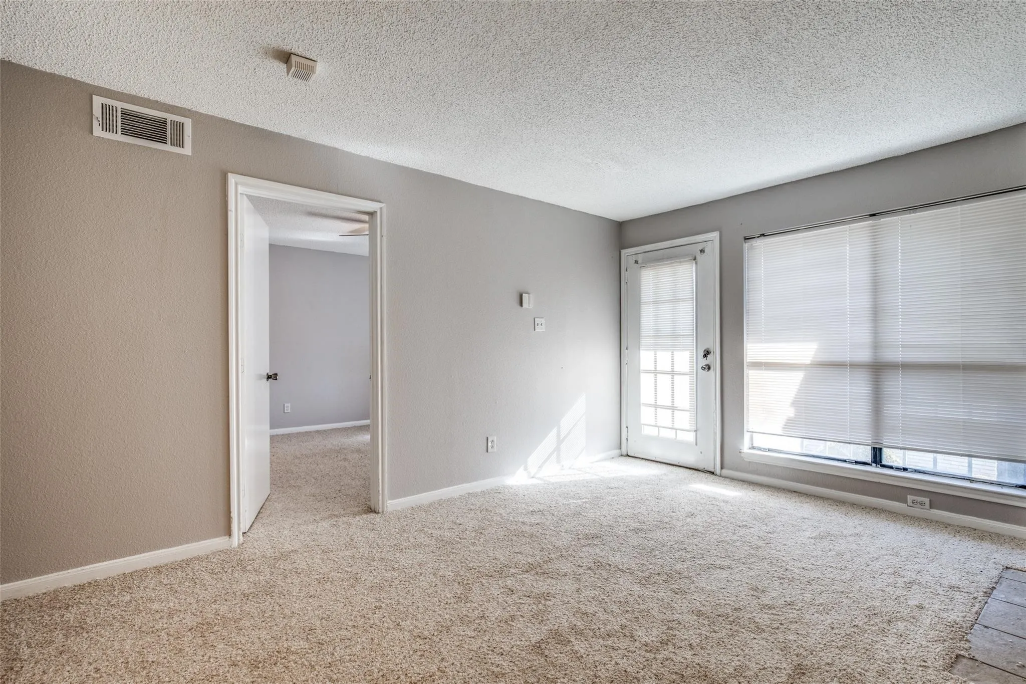 Plush carpeting, neutral wall color, white trim, glass-paned door, and large window with blinds