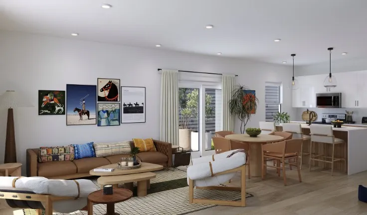 Living area with light wood-type flooring and recessed lighting