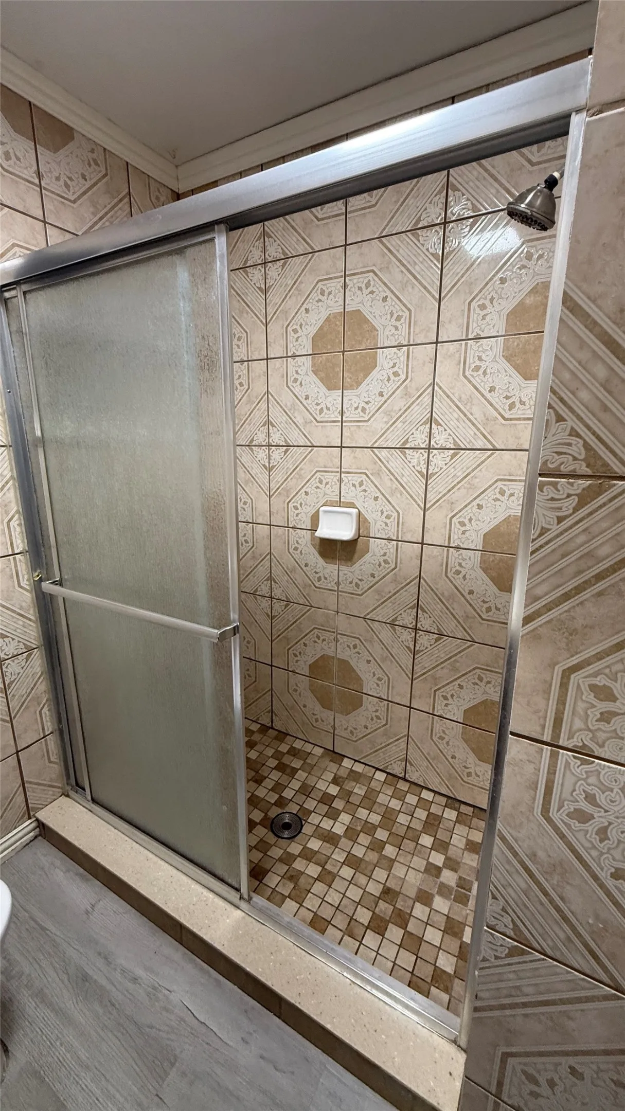 Shower enclosure with patterned wall tile and mosaic floor tile