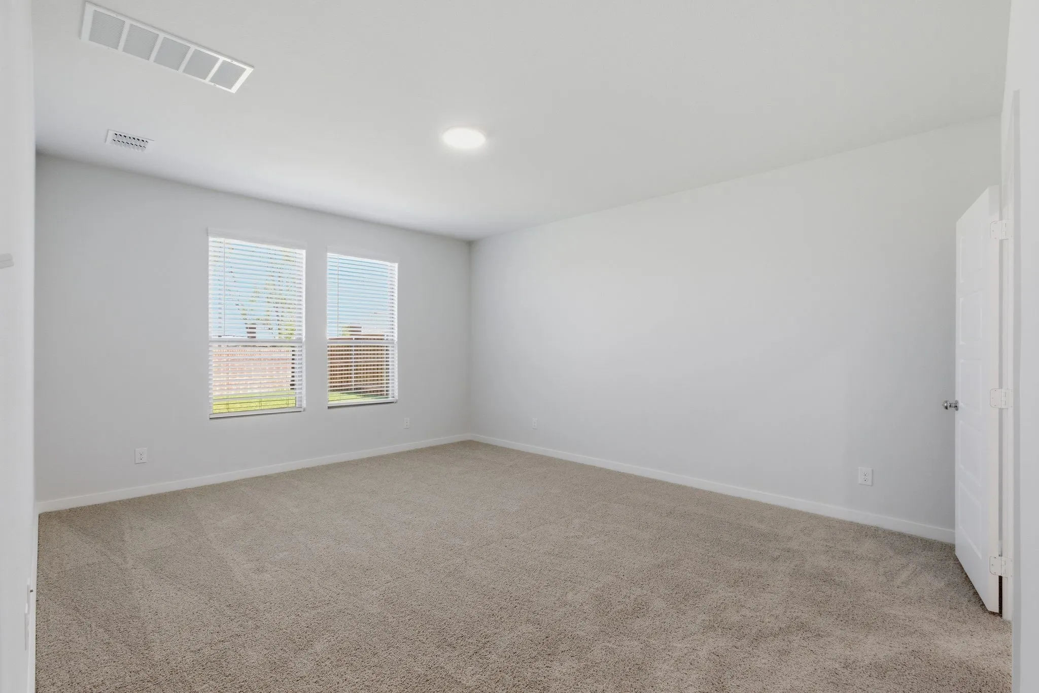 Neutral carpeted flooring, light gray wall paint, two windows with blinds, and a ceiling-mounted light fixture