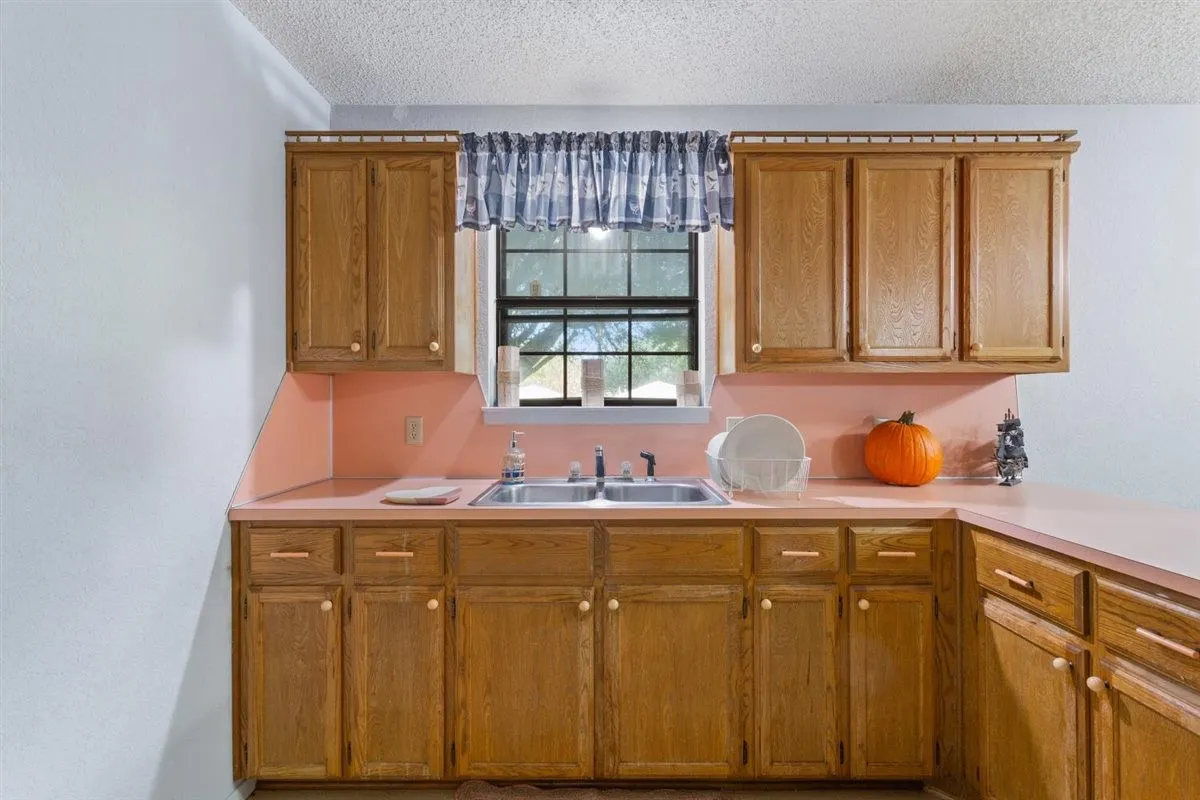 Kitchen featuring wood cabinets, a double basin sink, and ample countertop space