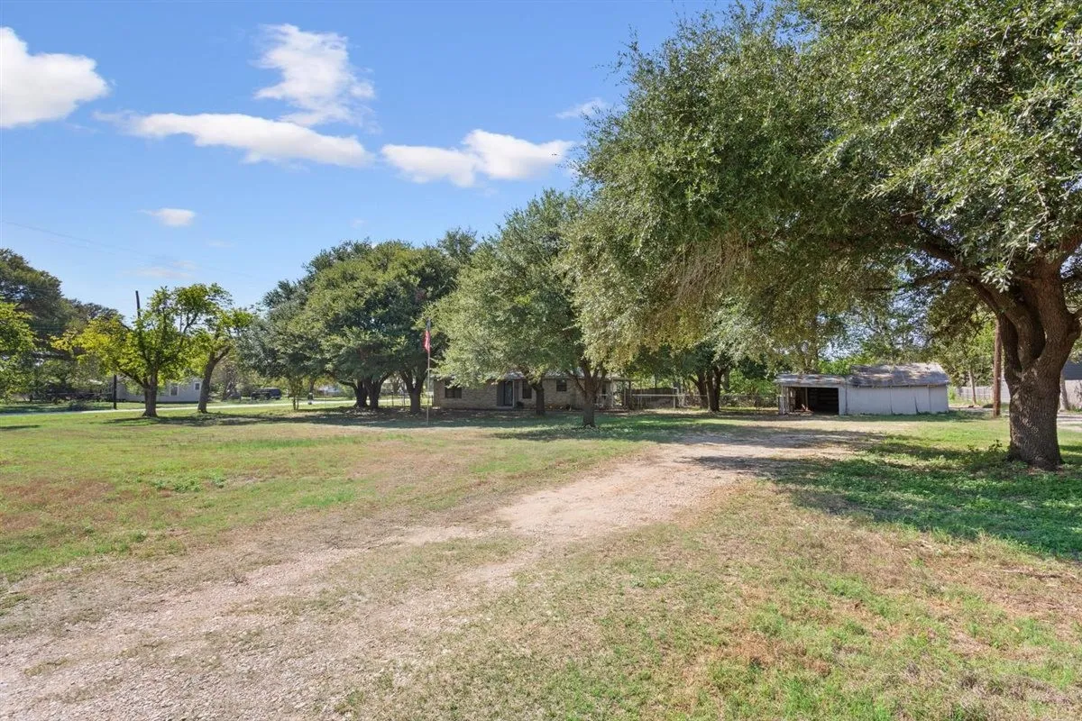 Expansive grassy lot featuring mature trees, a gravel driveway, and a detached outbuilding