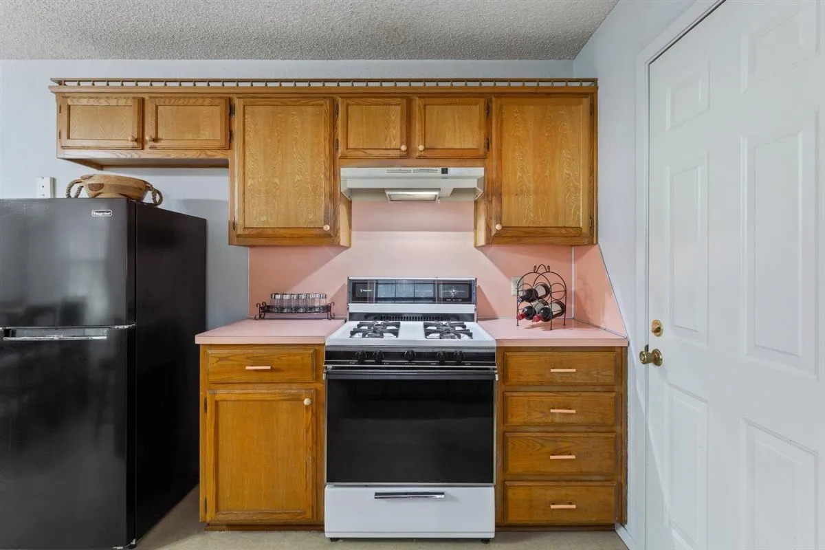 Kitchen featuring wood cabinetry, a gas range, an exhaust hood, and a paneled door