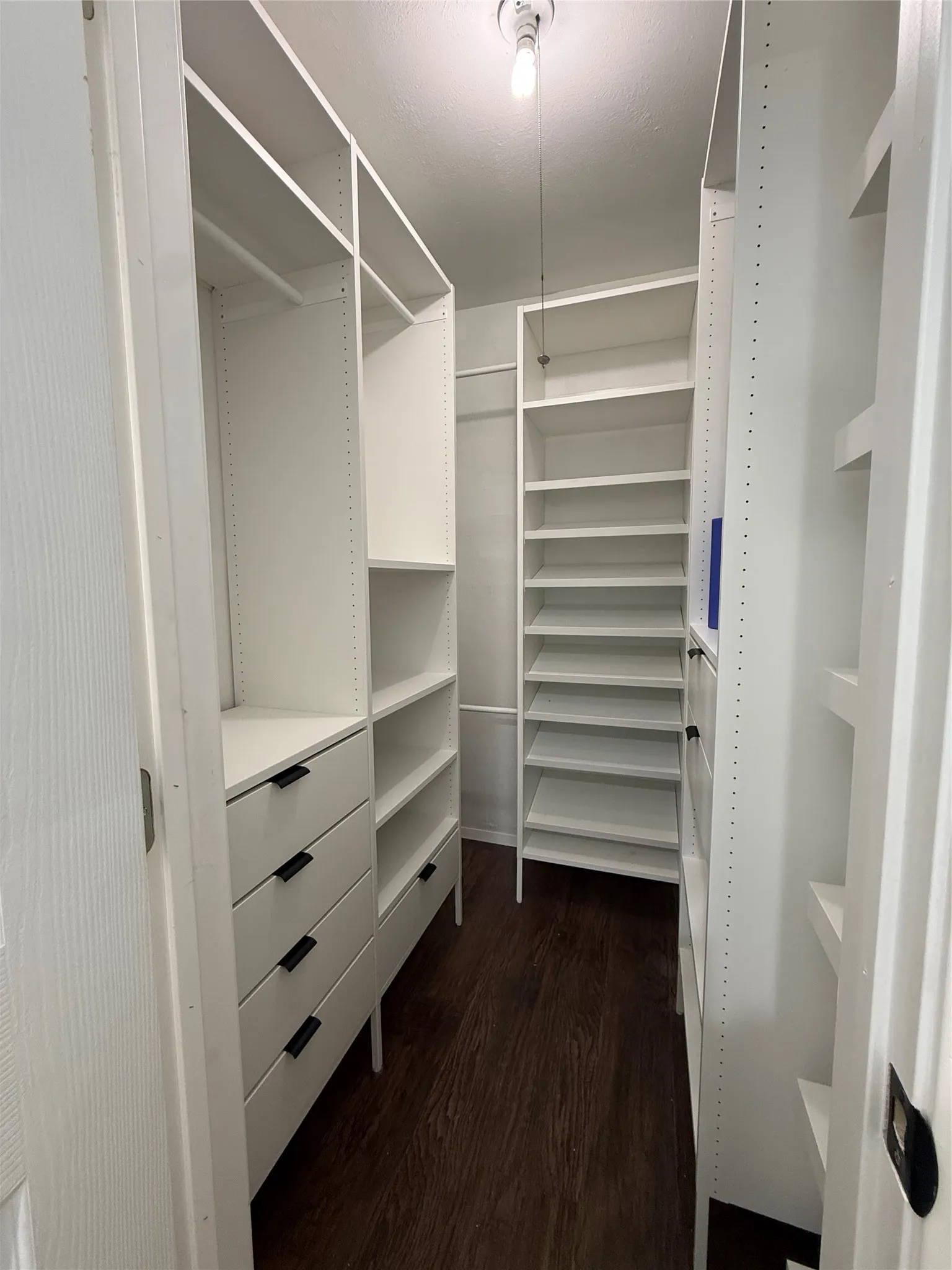Built-in closet system featuring multiple shelving units, integrated drawers with dark hardware, and dark wood-finish flooring