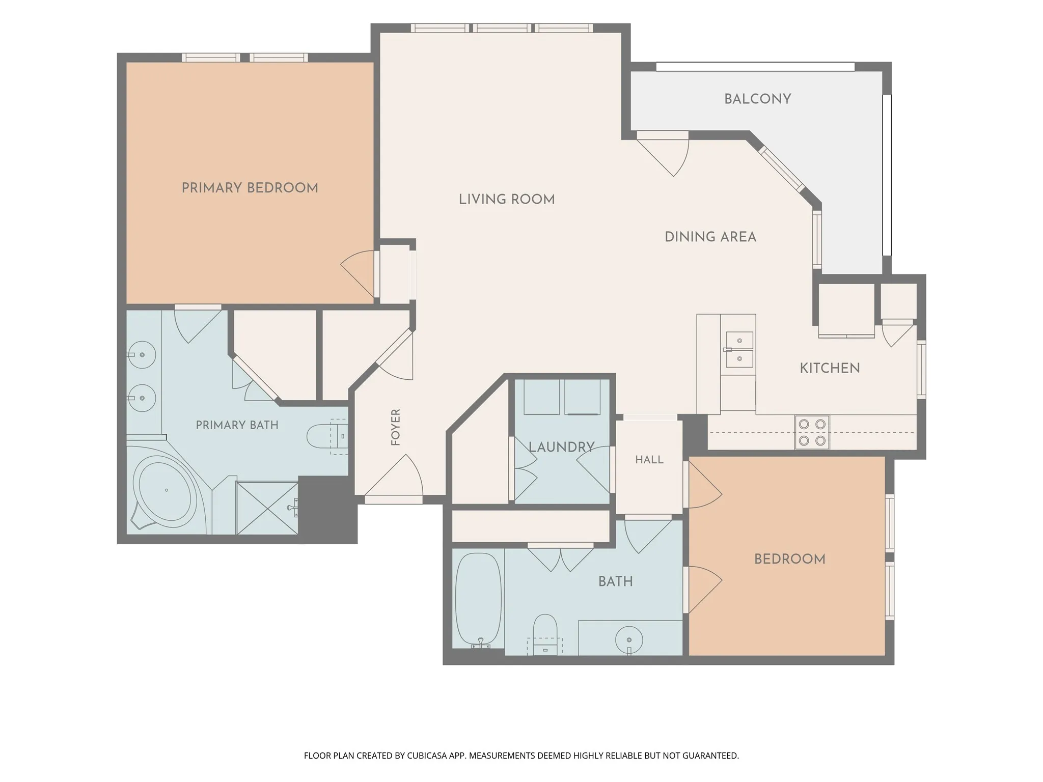 Explore the layout! This 2-bedroom, 2-bath condo features an open living and dining area, private balcony, dedicated laundry room, and split-bedroom design for added privacy.
Floor plan and measurements are approximate and should be independently verified.