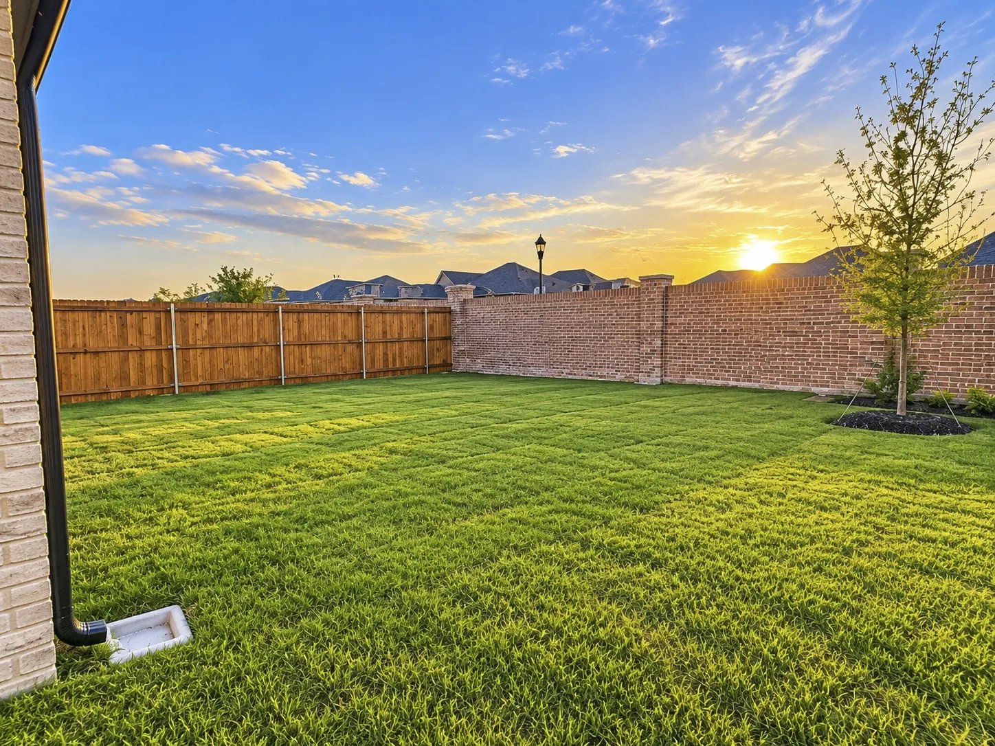 Expansive rear yard featuring green lawn, brick perimeter wall, and wood fencing