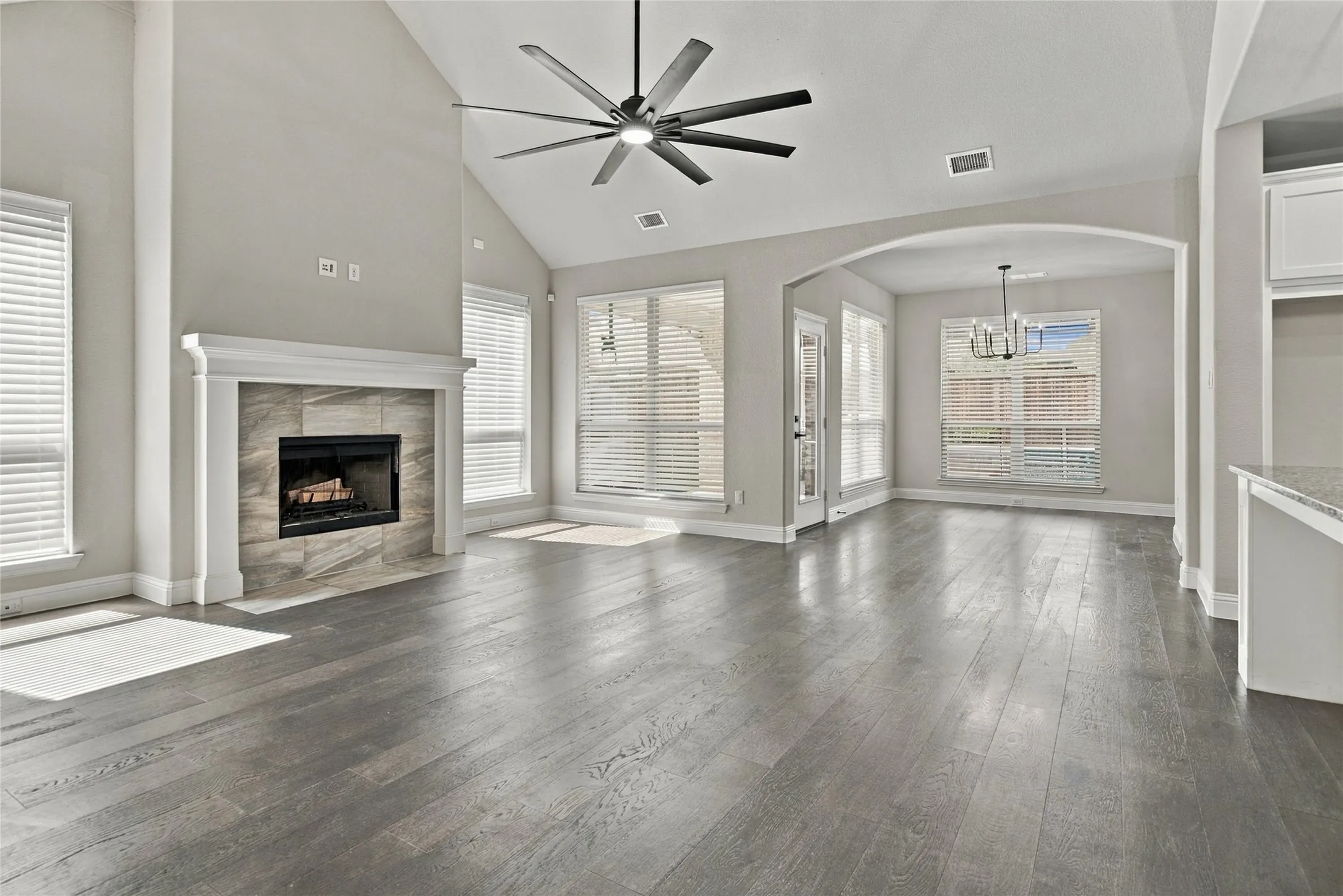 Large Family room view 2 anchored with fireplace
