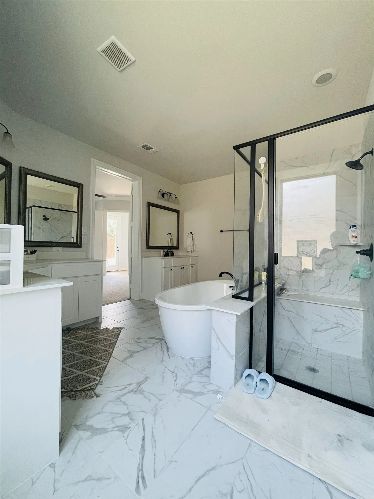 Bathroom featuring separate shower and tub and vanity