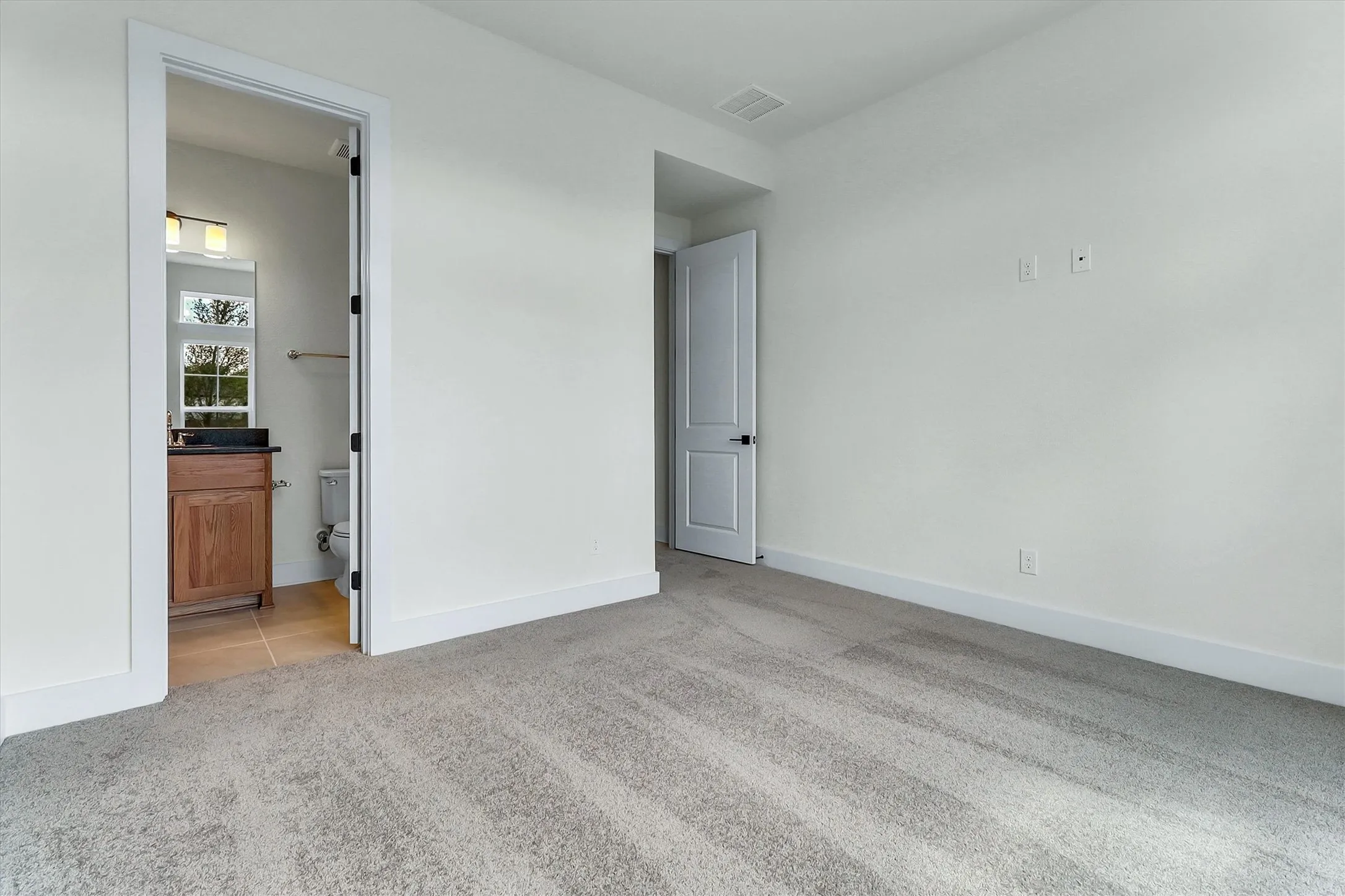 Light-colored wall-to-wall carpeting, white walls, and a white trim package