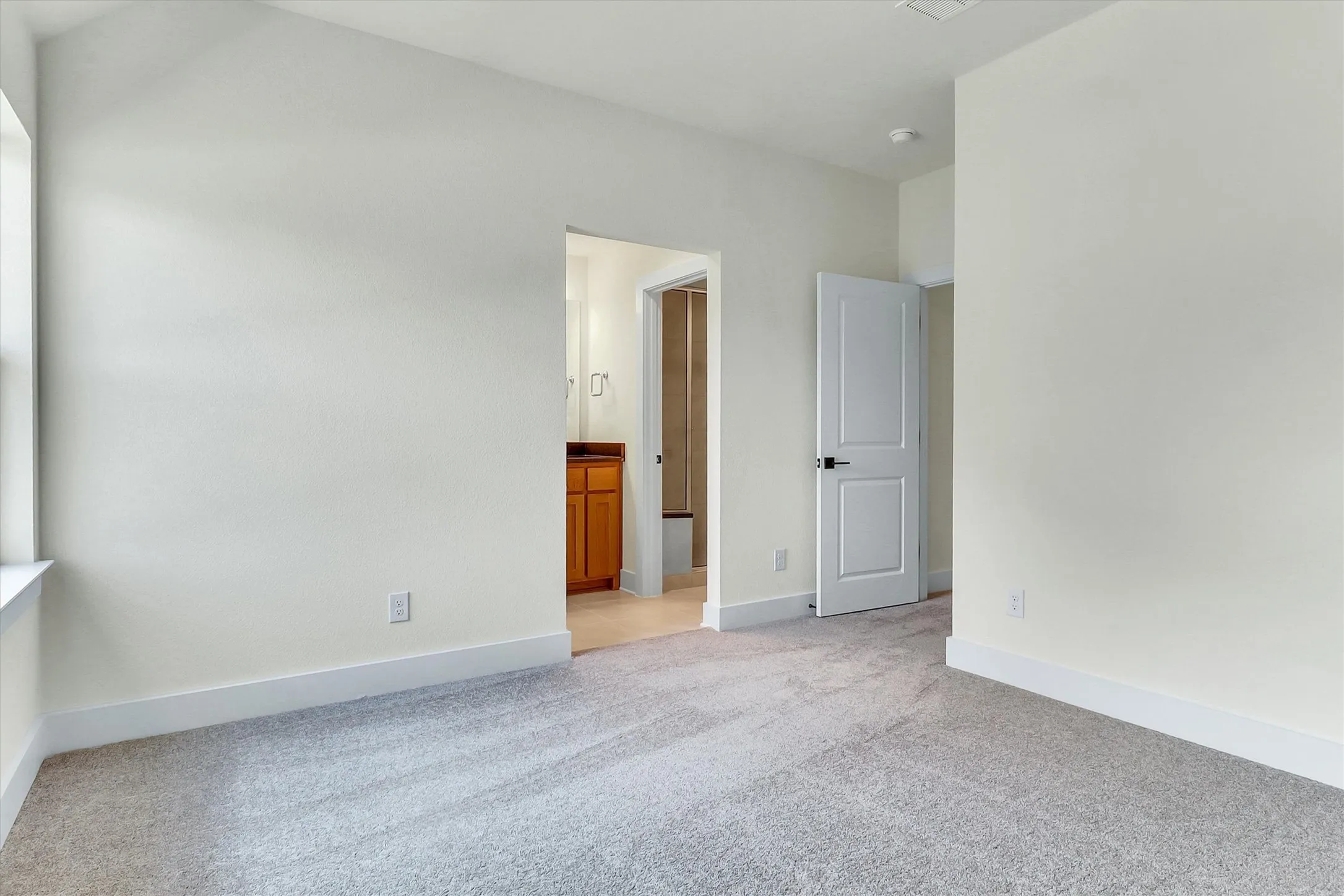 Plush carpeting, neutral wall tones, and white trim