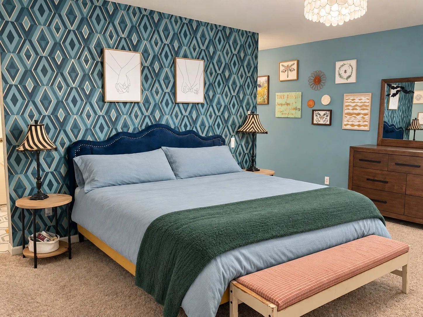Feature wall with geometric pattern wallpaper