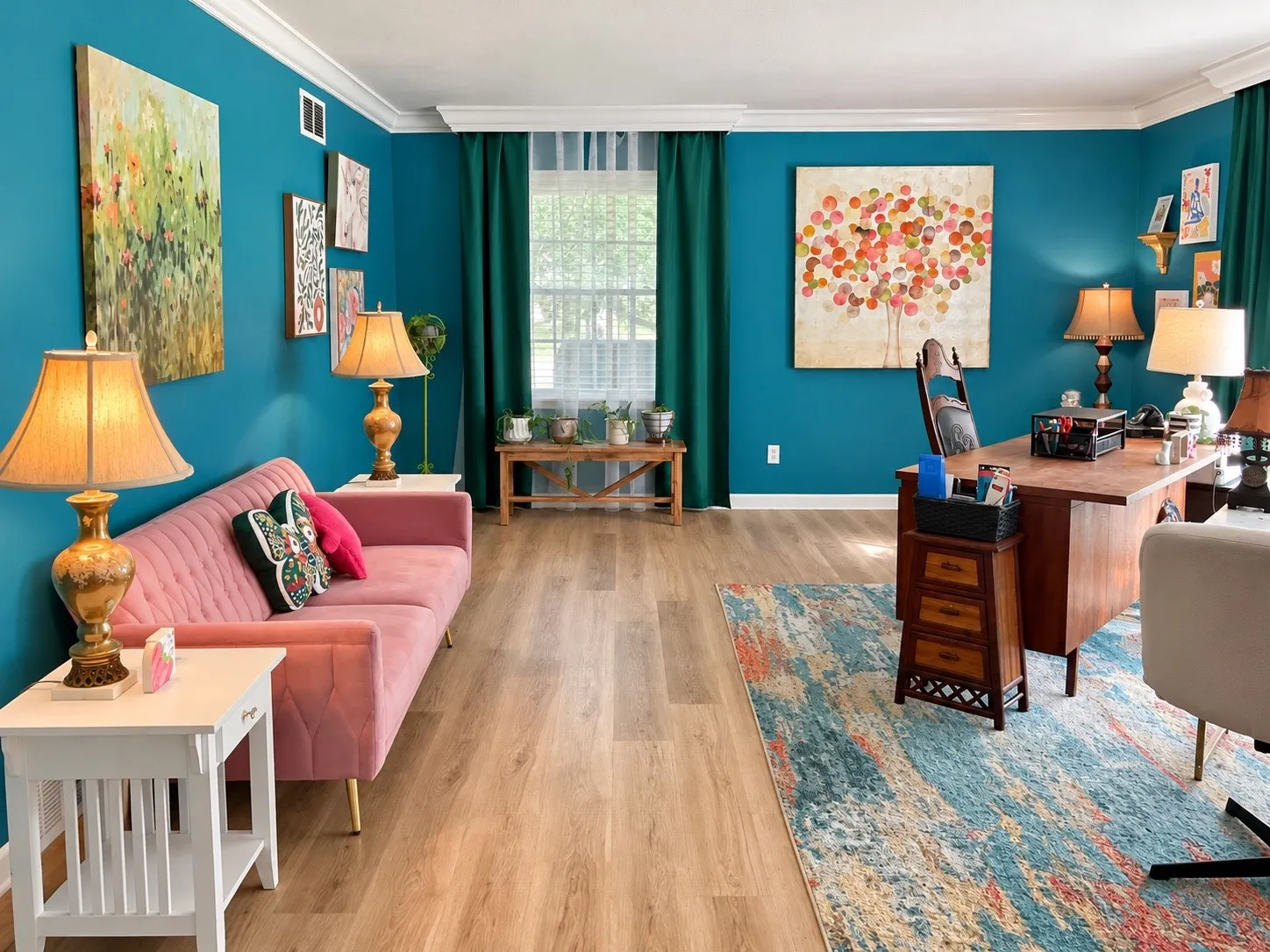 Wood-finish flooring throughout, bright walls, and crown molding