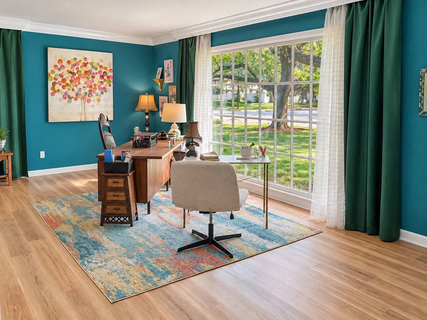 Wood-finish flooring, crown molding, and a large multi-pane window