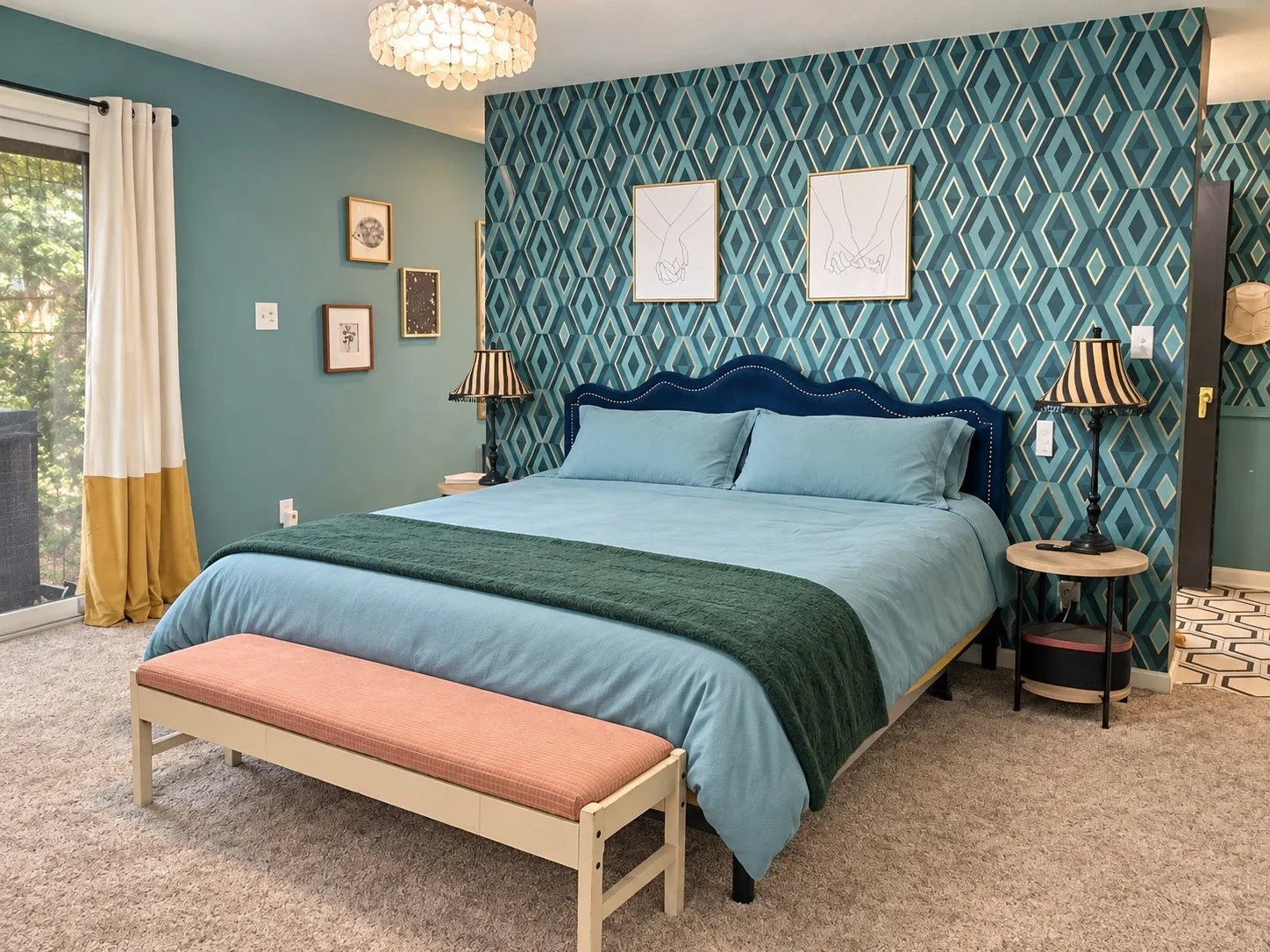 Accent wall with geometric pattern wallpaper