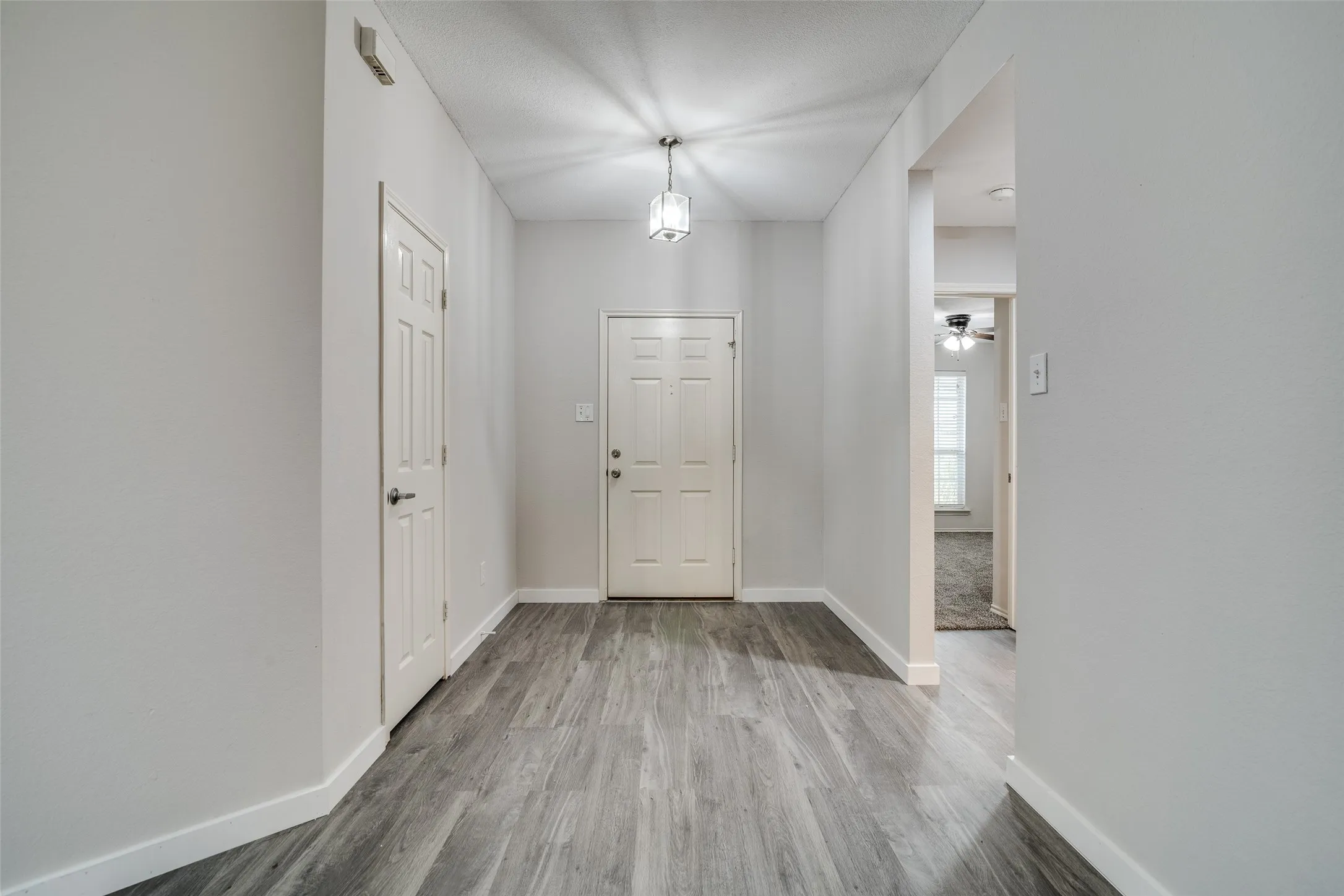 Wood-finish flooring, white paneled doors, and a ceiling-mounted light fixture