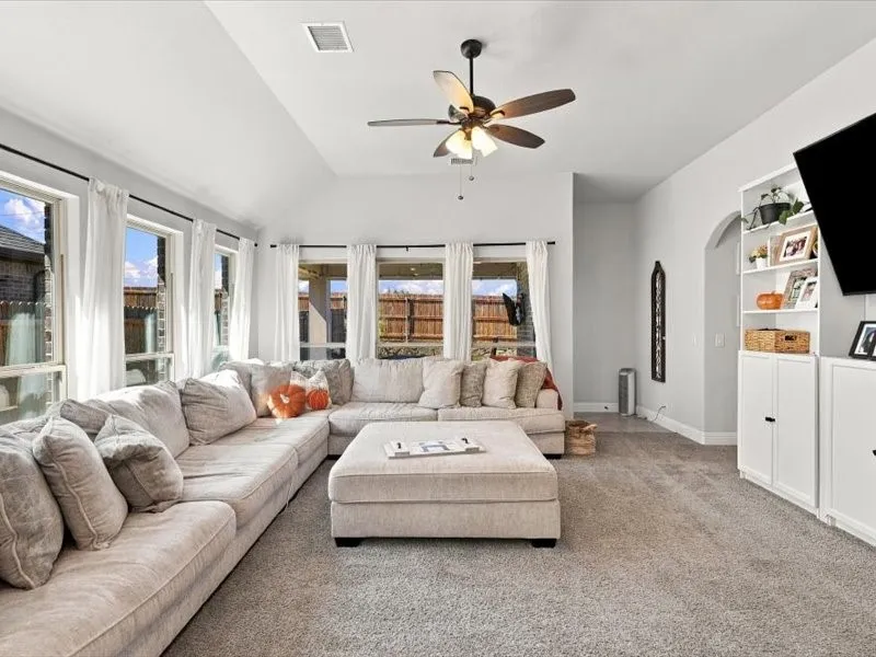 Vaulted ceiling with an installed ceiling fan