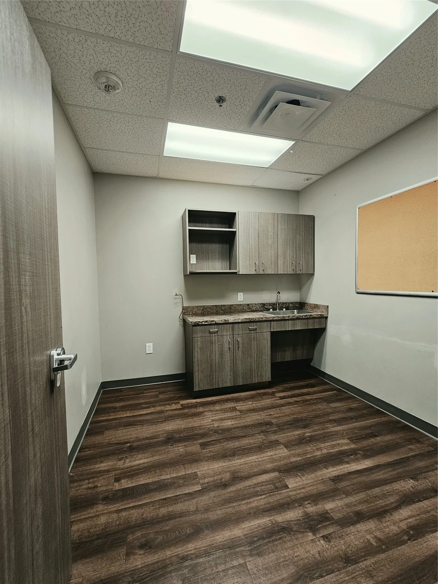Built-in cabinetry with a sink, wood-finish flooring, and recessed ceiling lighting