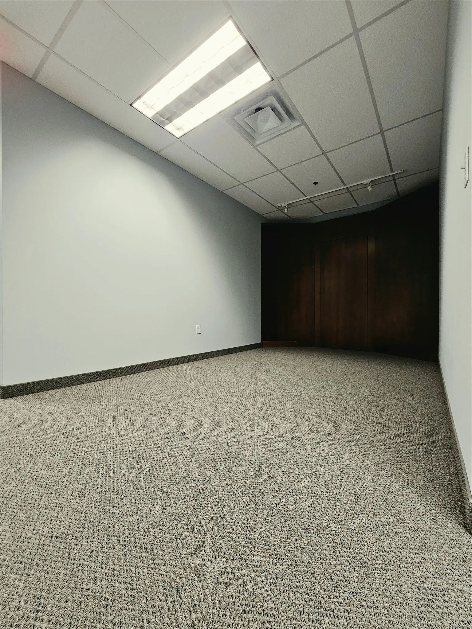 Recessed fluorescent lighting, acoustical tile ceiling, light gray walls, dark wood-finish paneling, and wall-to-wall carpeting