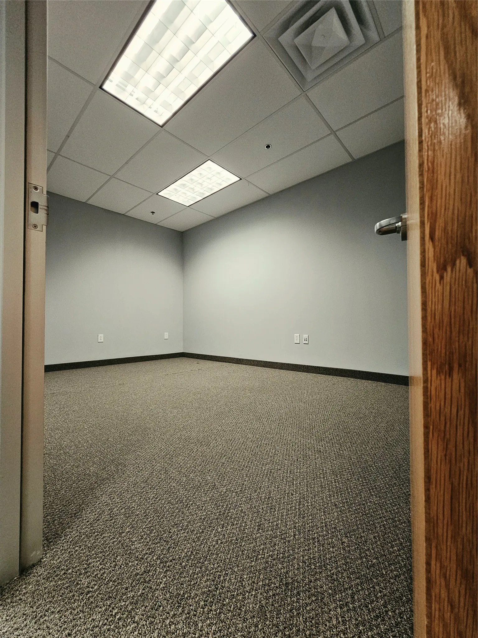 Recessed lighting, drop ceiling, wall-to-wall carpeting, light gray wall finish, and a wood-finish door