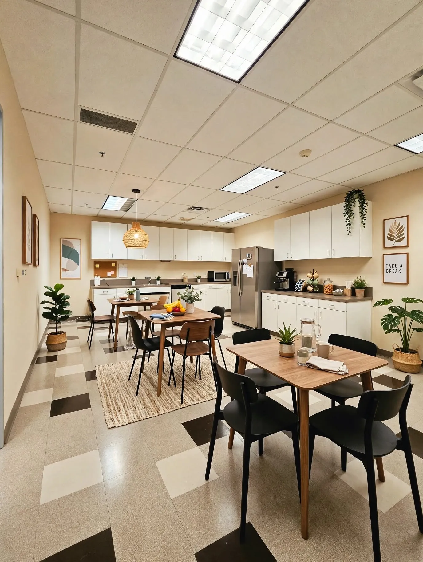 Kitchenette with white cabinetry, wood-finish countertops, stainless steel refrigerator, and recessed lighting