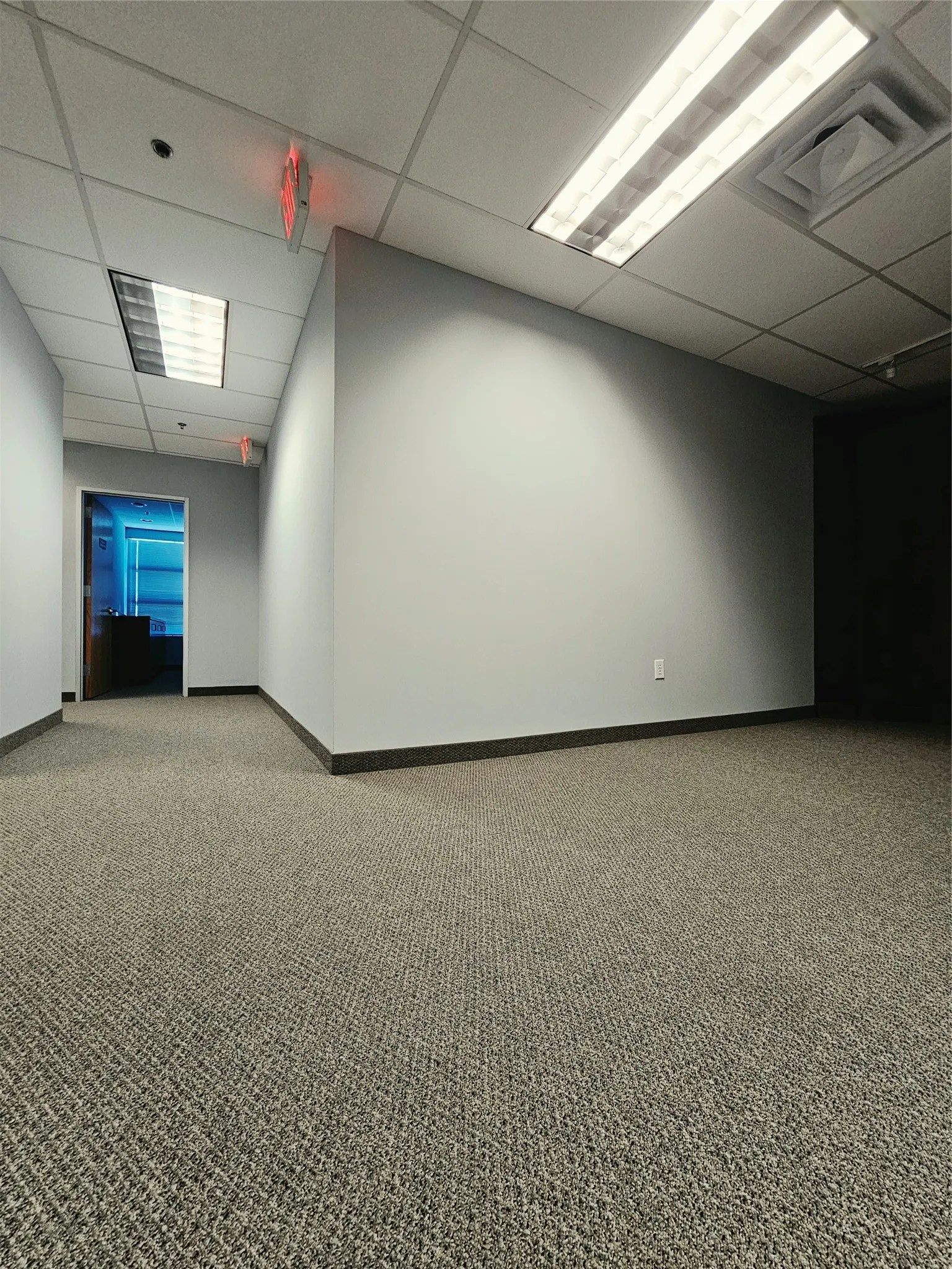 Commercial-grade carpet flooring, drop ceiling with integrated fluorescent lighting, and painted walls