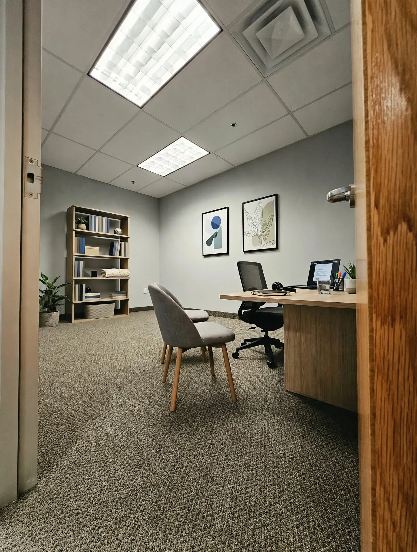 Recessed lighting, drop ceiling, and carpeted flooring
