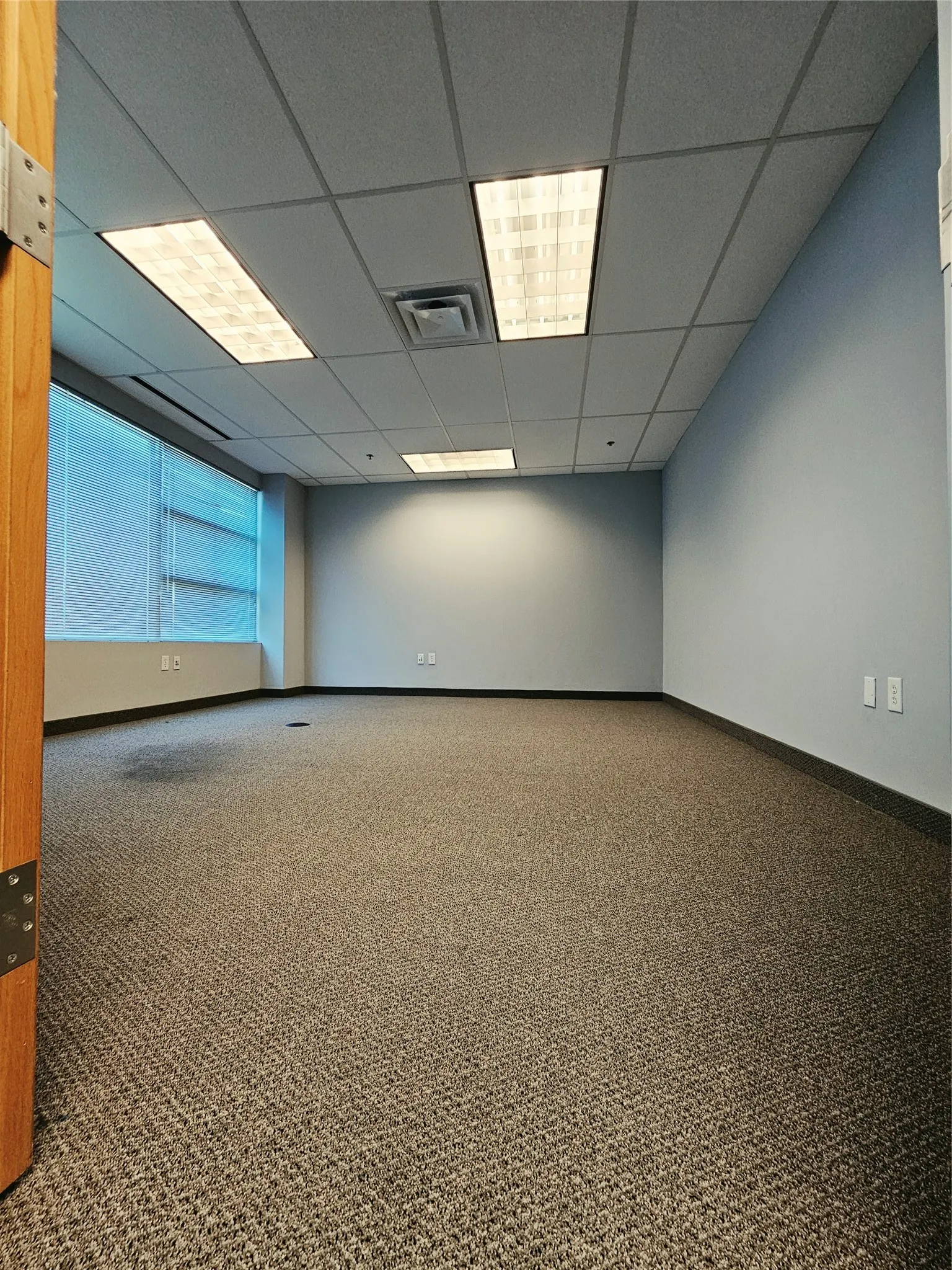 Recessed ceiling grid, integrated fluorescent lighting, and wall-to-wall carpeting