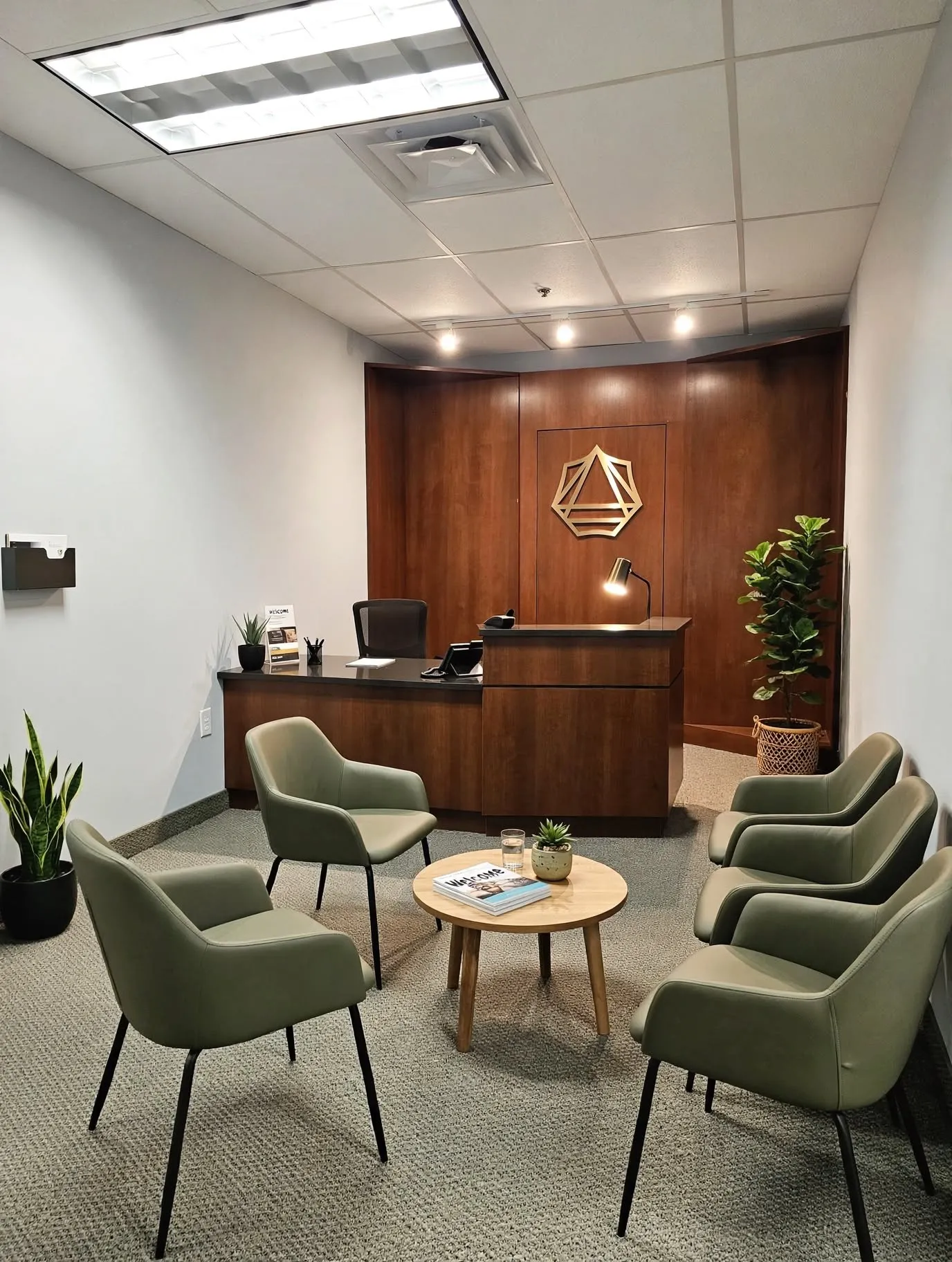 Recessed lighting, wood-paneled wall, built-in reception desk with dark countertop, and carpeted flooring