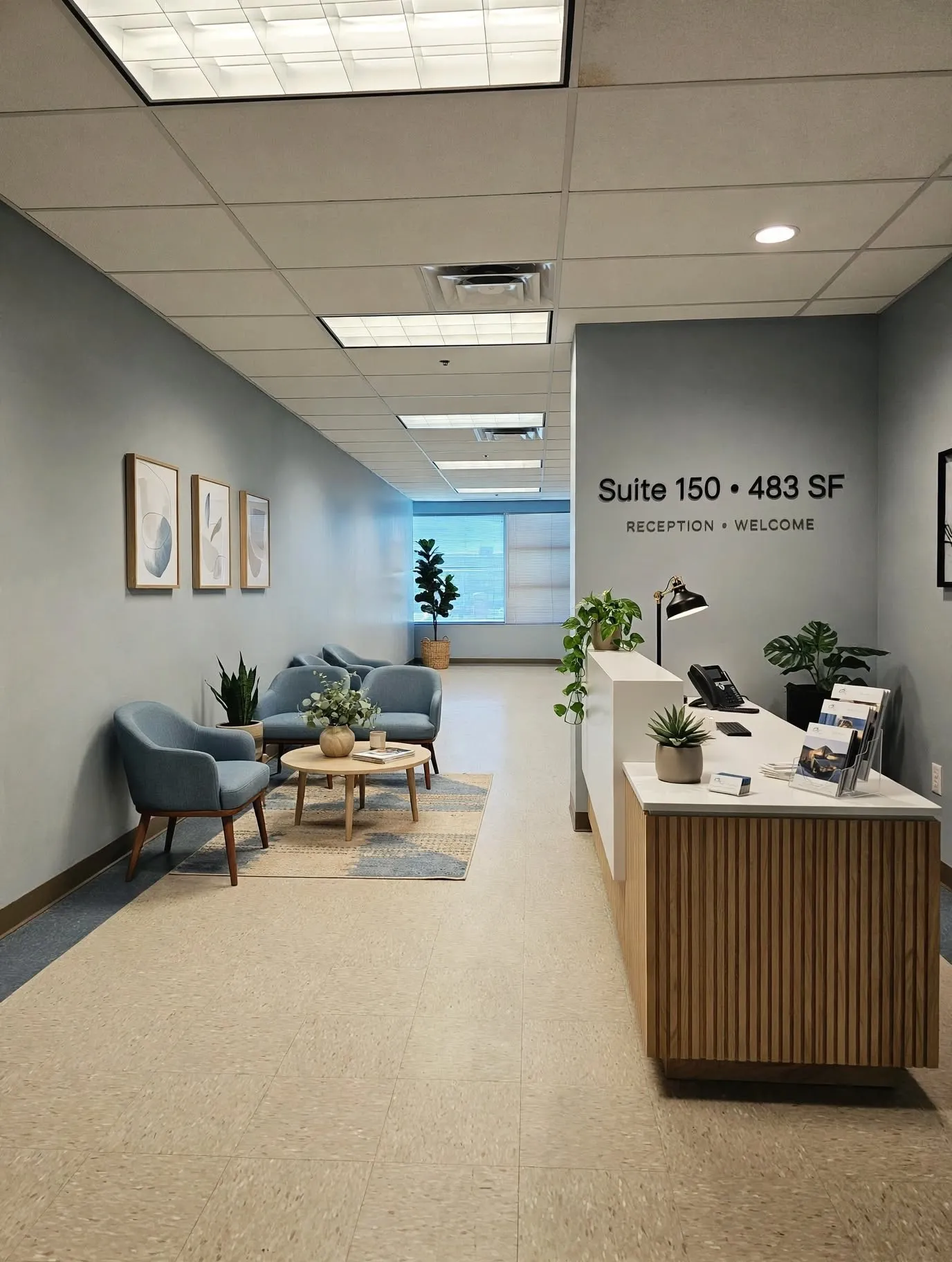 Recessed lighting throughout, drop ceiling, and light-toned flooring