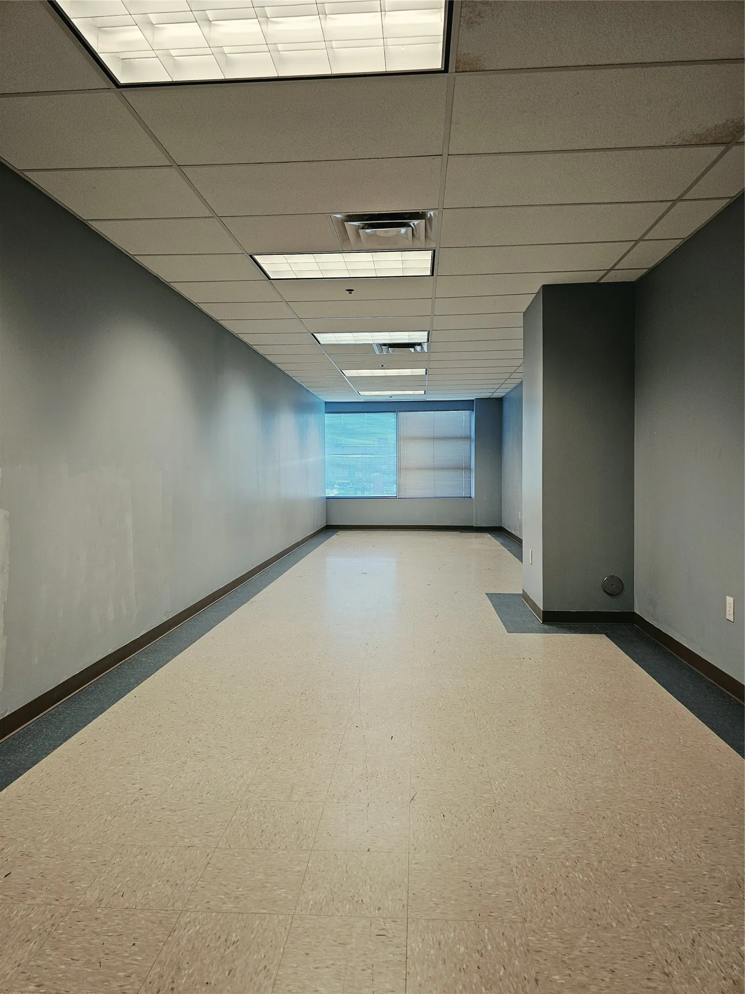 Suspended acoustical ceiling with integrated fluorescent lighting, light-toned resilient flooring, and horizontal windows providing natural illumination