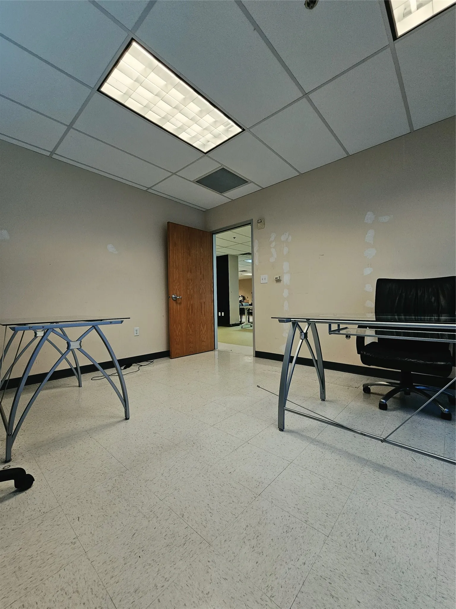 Recessed fluorescent lighting, acoustical tile ceiling, wood-finish door, and light-toned resilient flooring