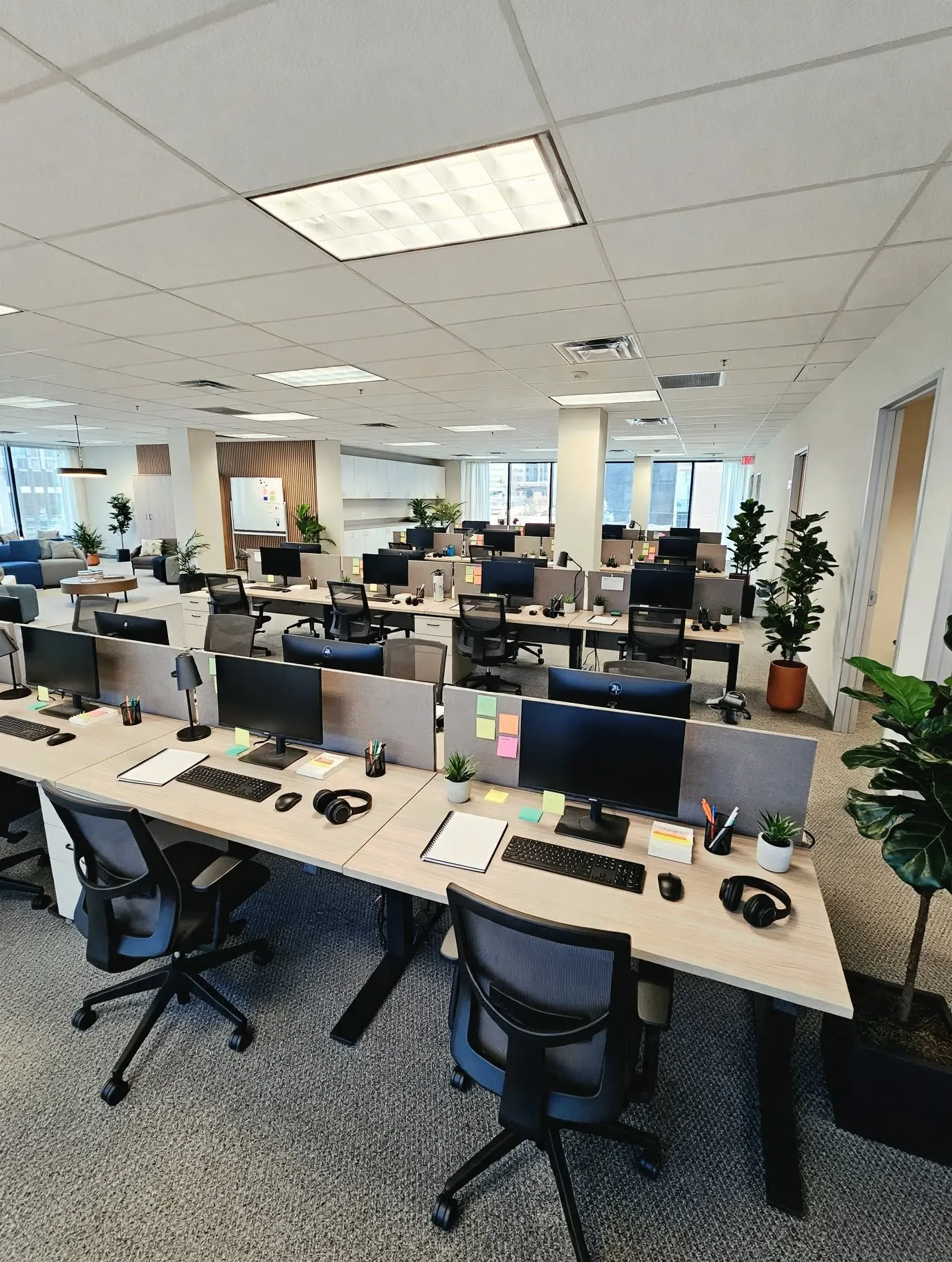 Open-plan workspace featuring patterned carpet flooring, recessed ceiling lighting, and partitioned workstations