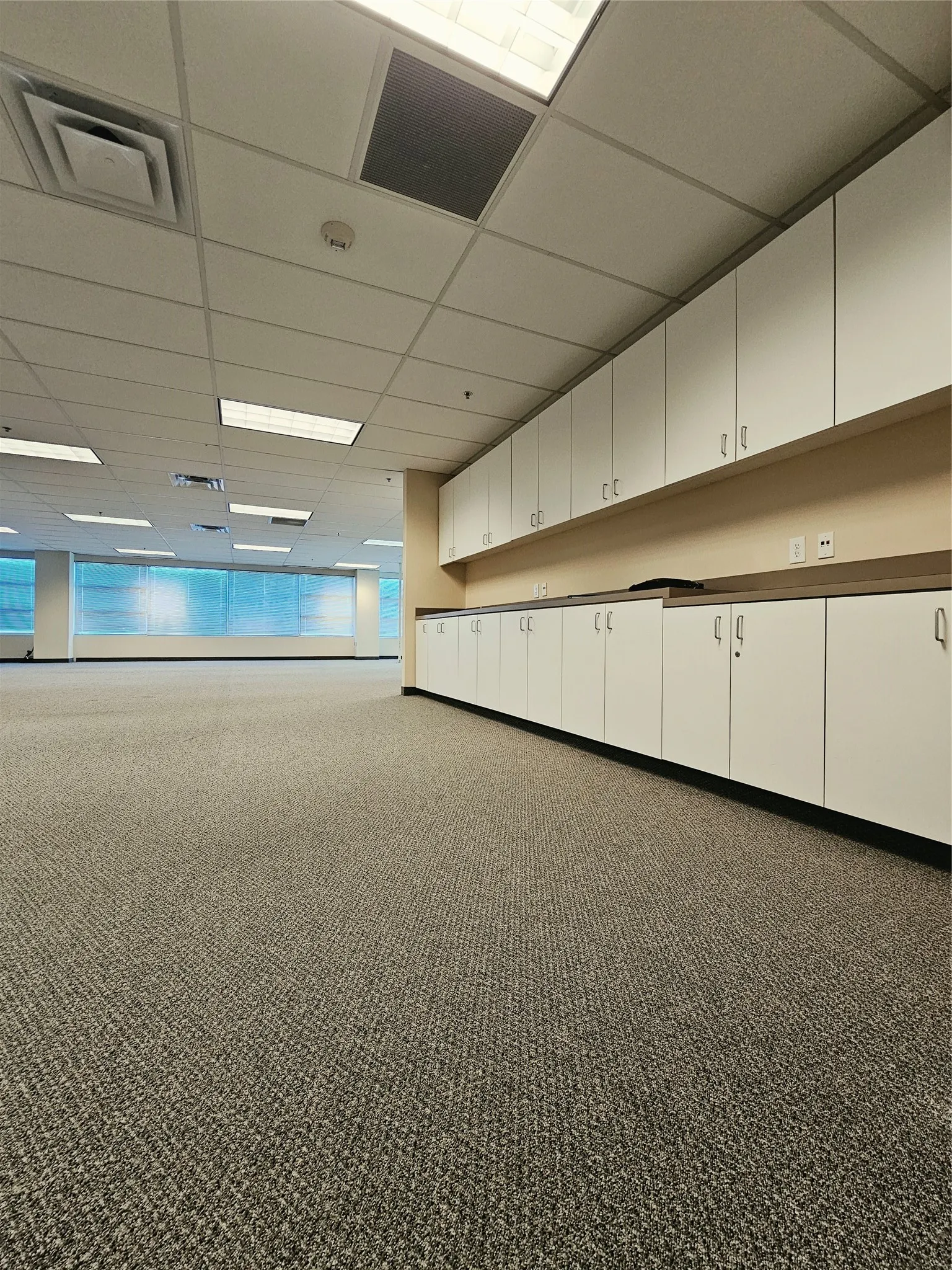 Extensive built-in cabinetry, textured carpet flooring, suspended ceiling with recessed lighting, integrated air conditioning vents, and prominent windows with natural light