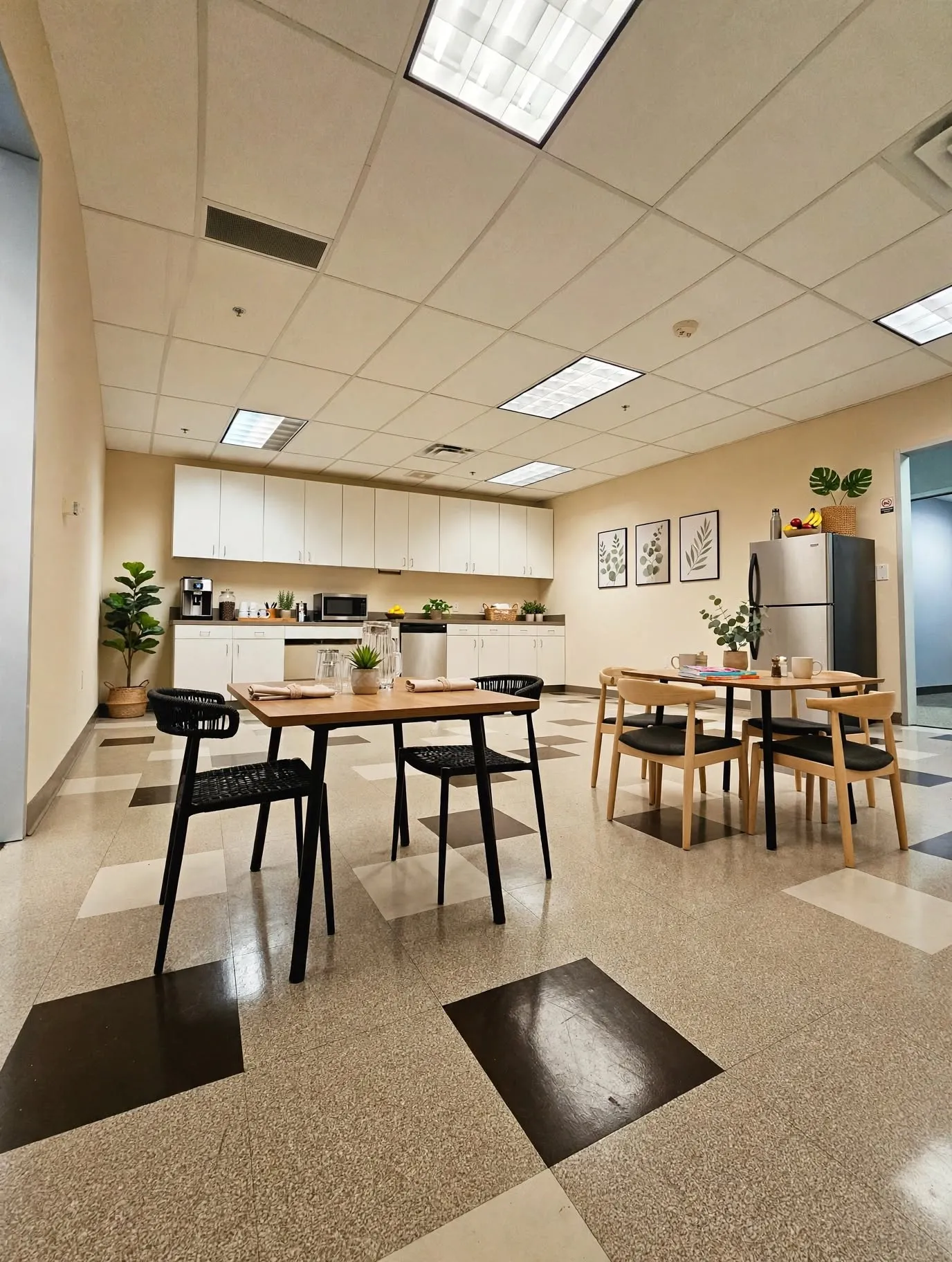 Kitchenette featuring white cabinetry, a stainless steel refrigerator, and a built-in microwave