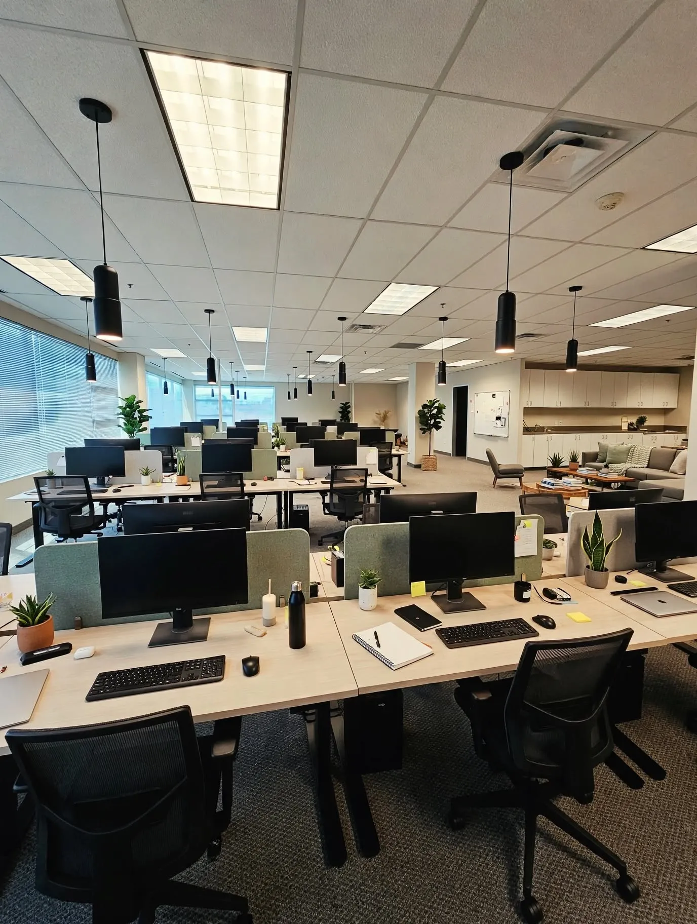 Open-plan workspace featuring multiple workstations with desk dividers, suspended pendant lighting, and abundant natural light from extensive window lines