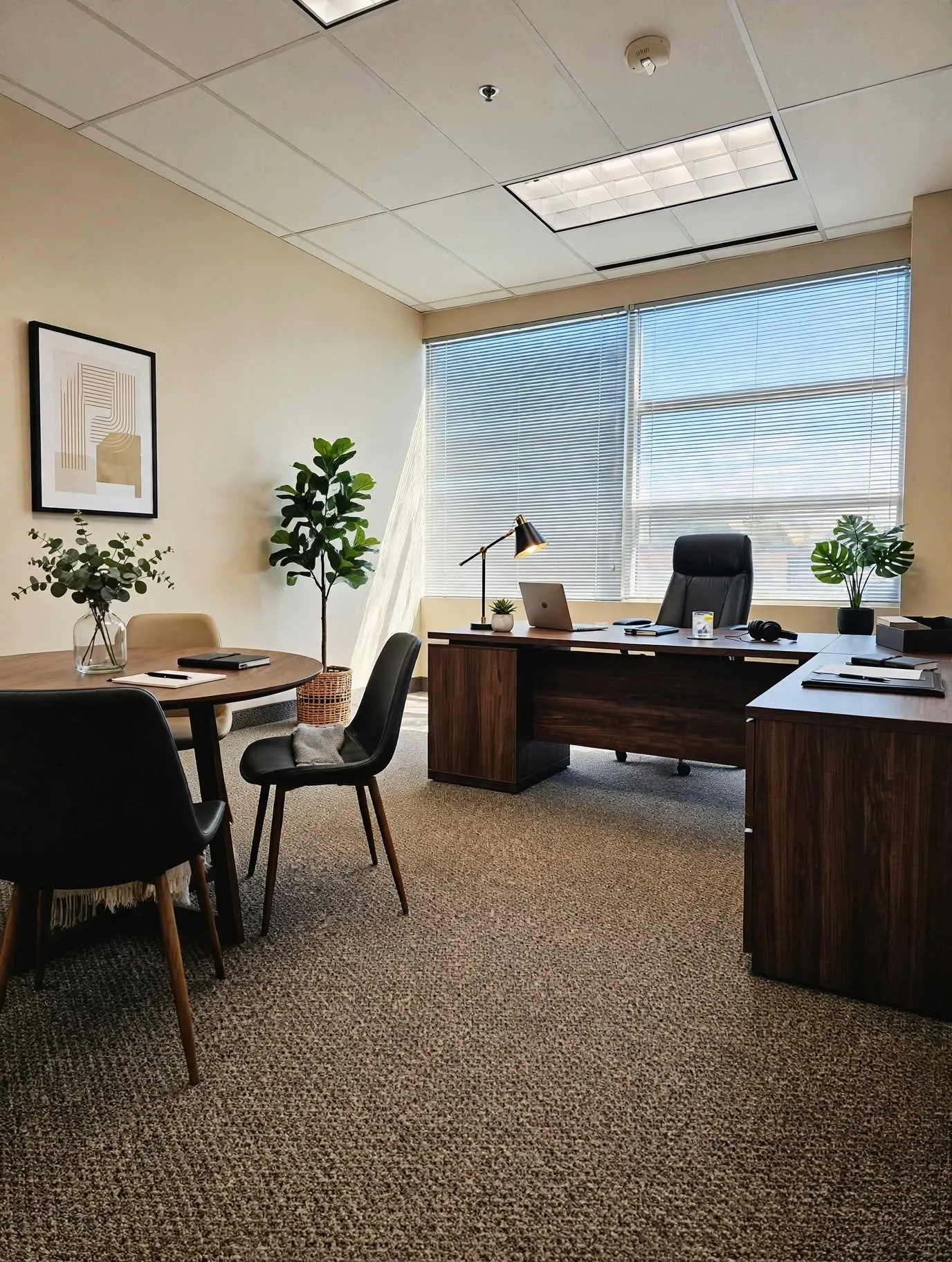 Commercial office space featuring textured carpet, a built-in wood-finish desk, and large windows with blinds
