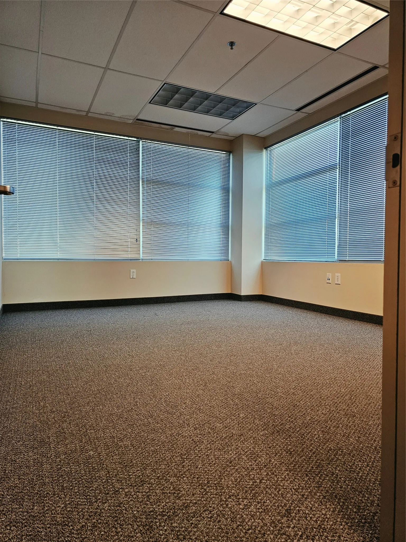Wall-to-wall carpeting with a textured finish, multiple windows with blinds, drop ceiling with recessed lighting, and a neutral wall color
