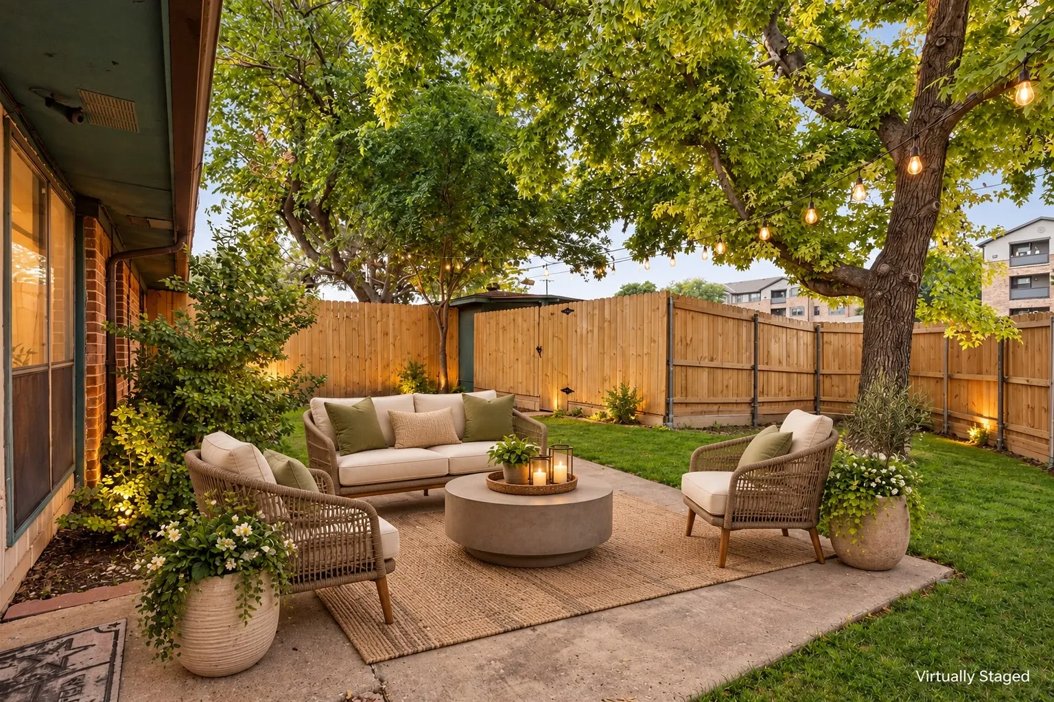 Patio featuring a concrete surface, mature trees, a privacy fence, and manicured lawn