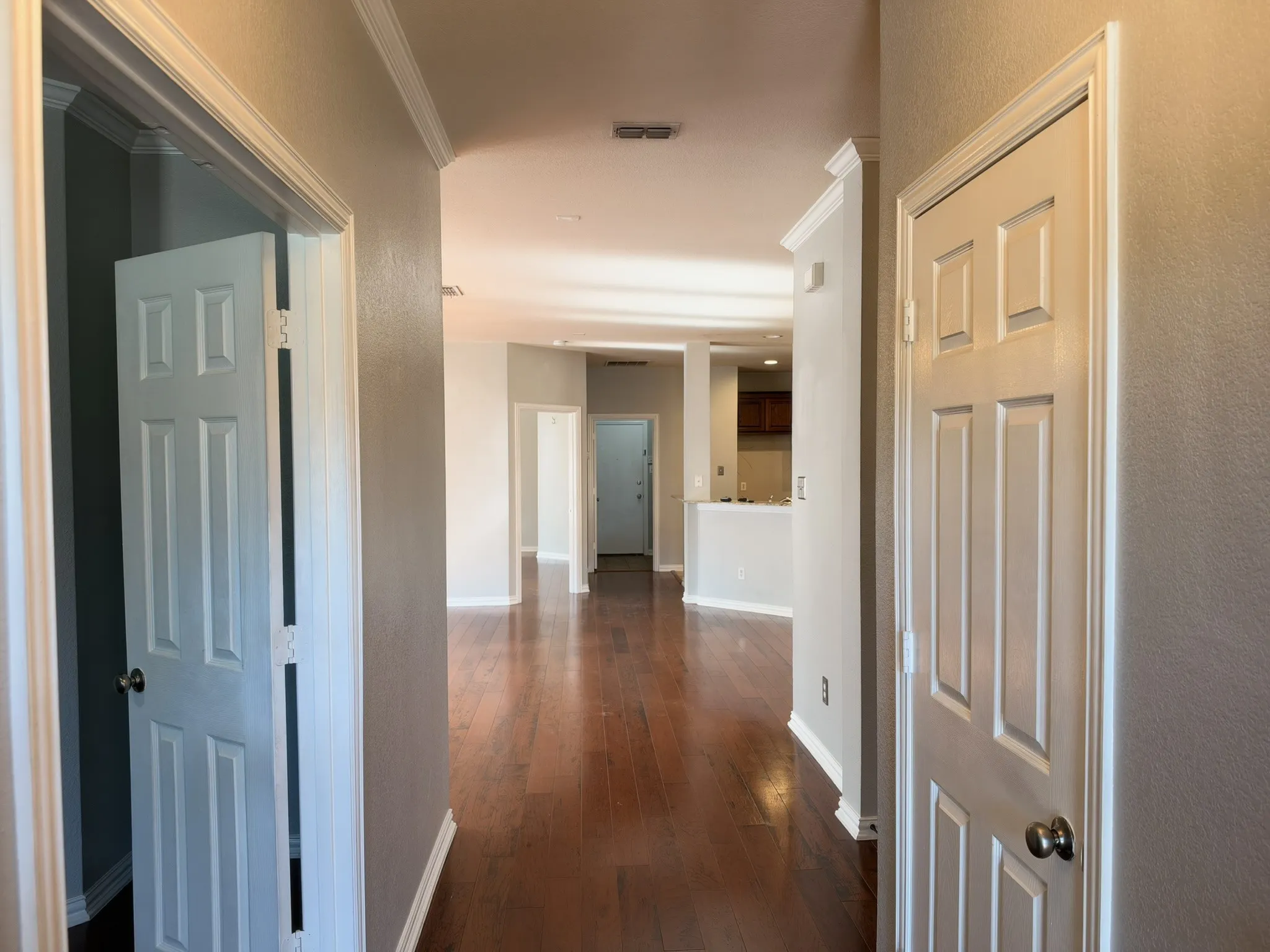 Wood-finish flooring throughout, crown molding, and paneled interior doors