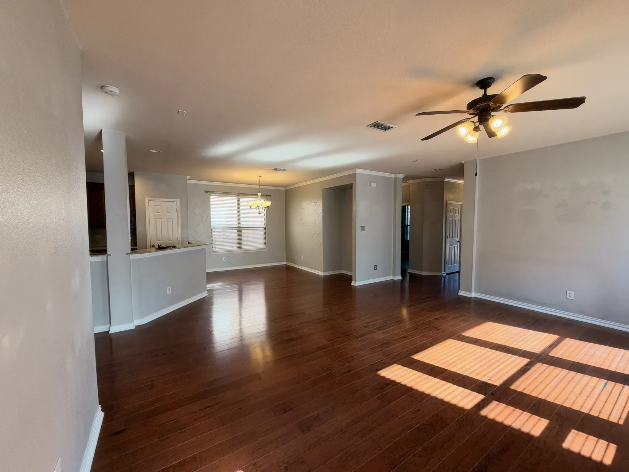 Expansive room featuring wood-finish flooring, a ceiling fan with integrated lighting, and crown molding