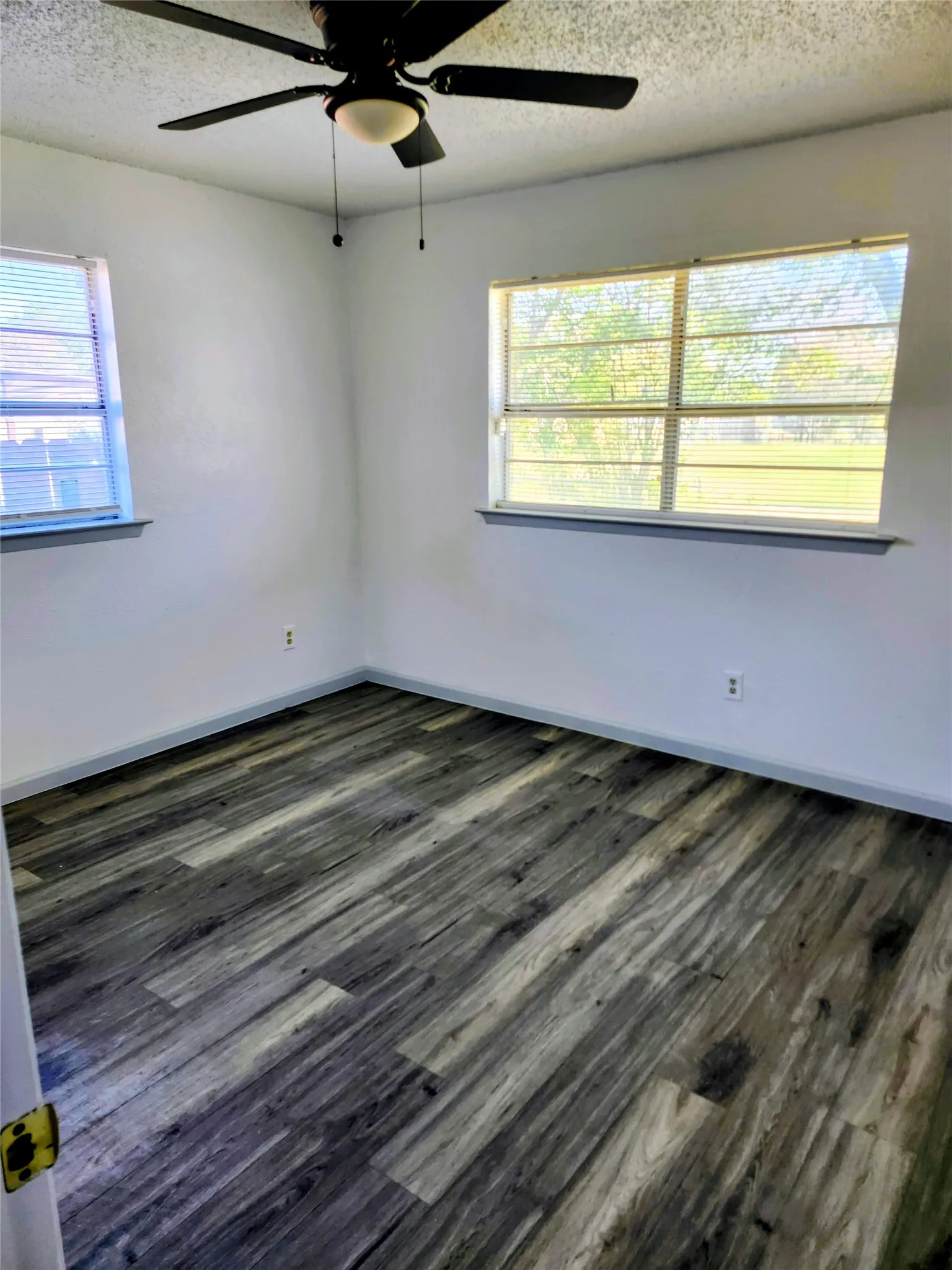 Guest Bedroom #2 - Wood-finish flooring with a varied grain pattern, multiple windows, and a ceiling fan with integrated lighting
