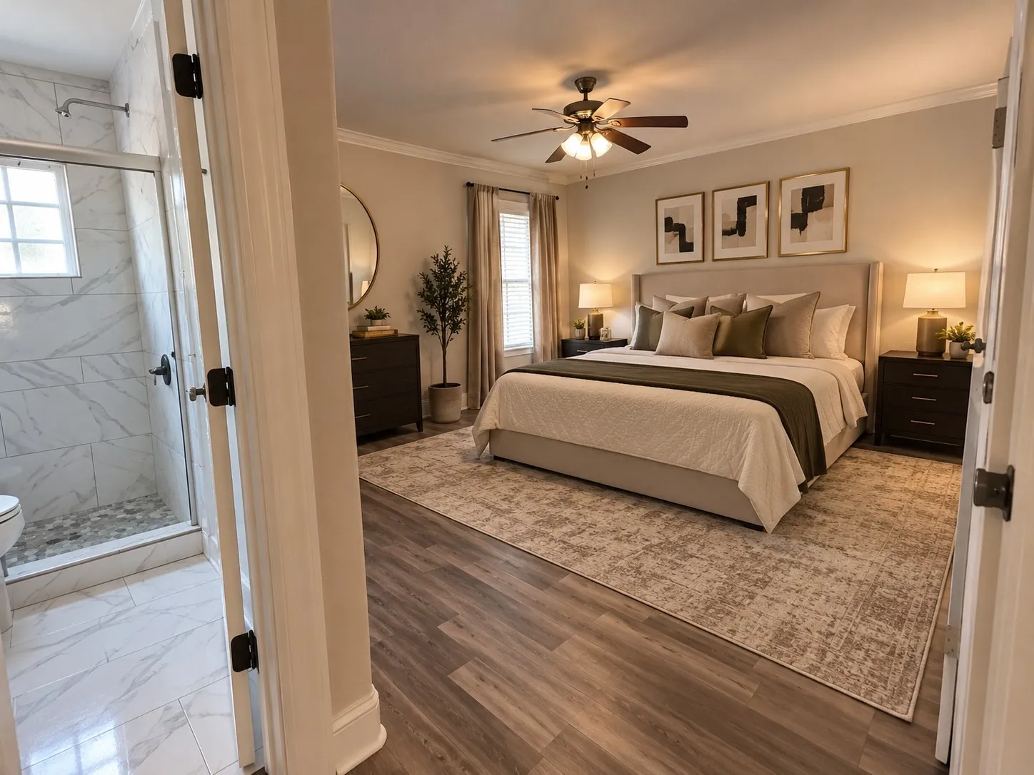 Spacious bedroom featuring wood-finish flooring, a ceiling fan with integrated lighting, and a window with blinds
