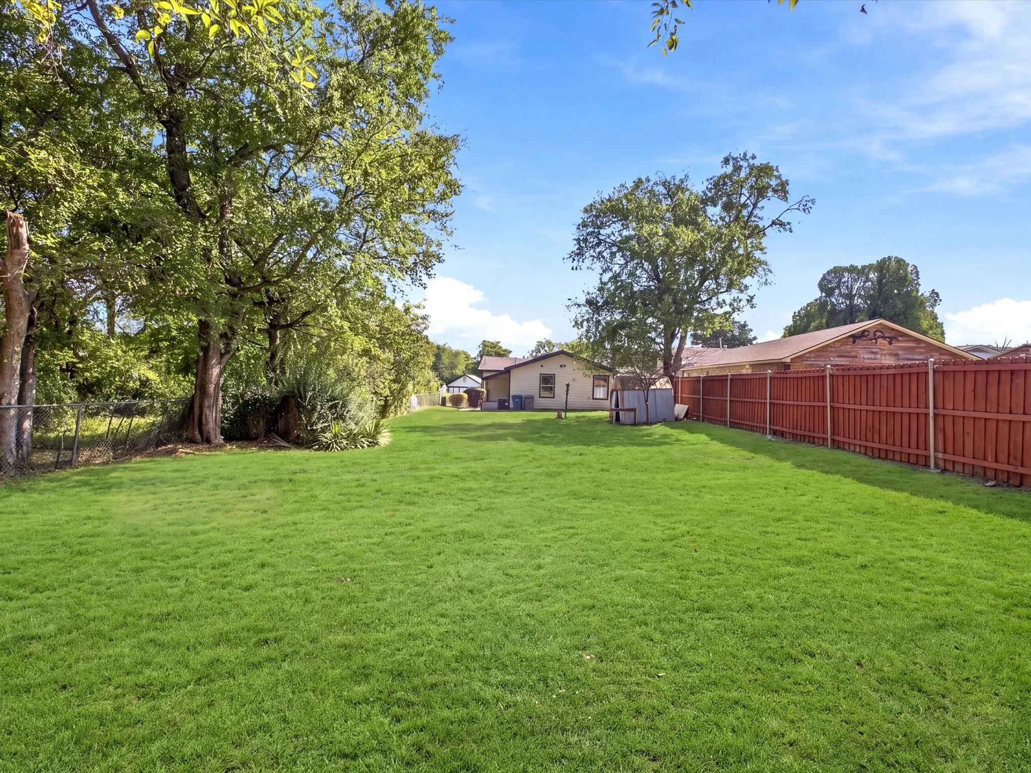 Expansive green lawn with mature trees and a wood privacy fence