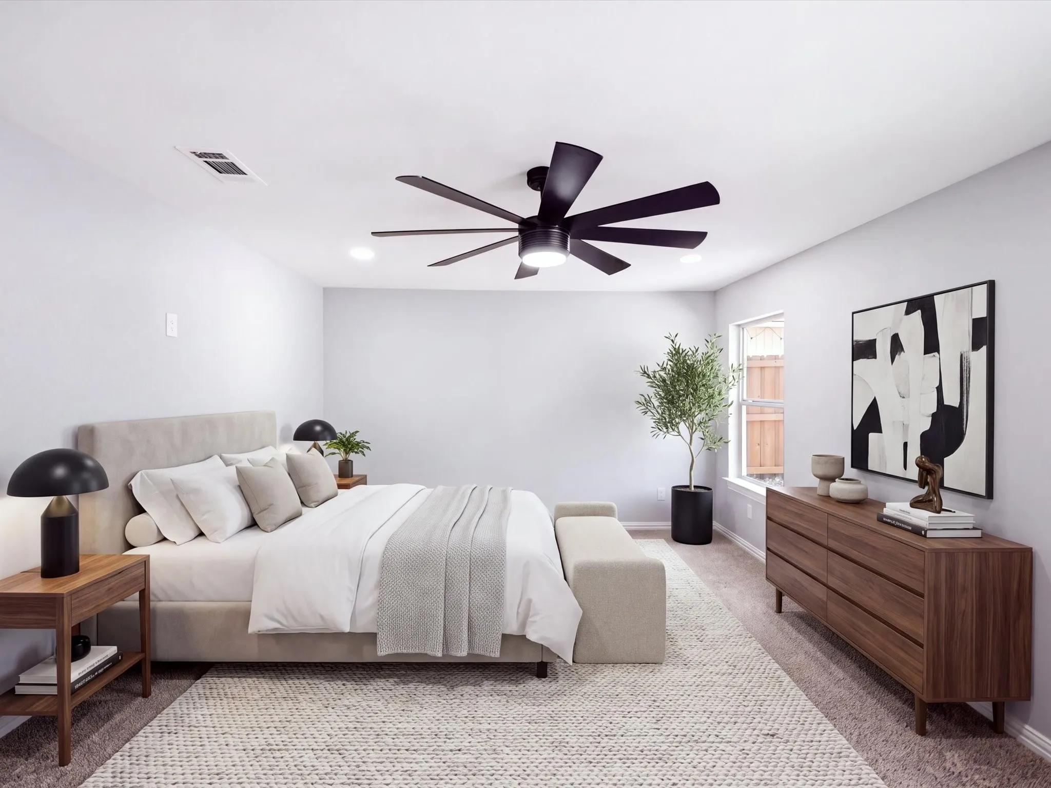 Spacious room featuring a ceiling fan with integrated lighting, recessed lighting, a large window, and carpeted flooring